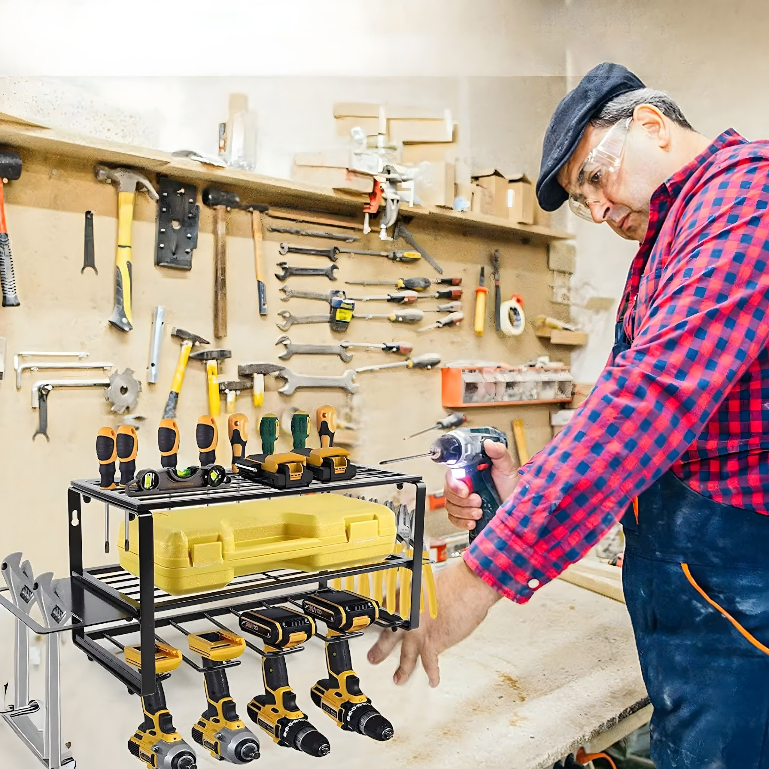 Realb2b Werkzeughalter Garage Wandregal Aufhänger Organizer Werkstattregal Metall 40cm, Einzelset Werkzeugregal für Elektrowerkzeuge, Stabiles Werkzeugregal aus Metall mit Halterungen für Werkzeuge, Robustes Wandregal aus Metall zur Aufbewahrung von Elektrowerkzeugen