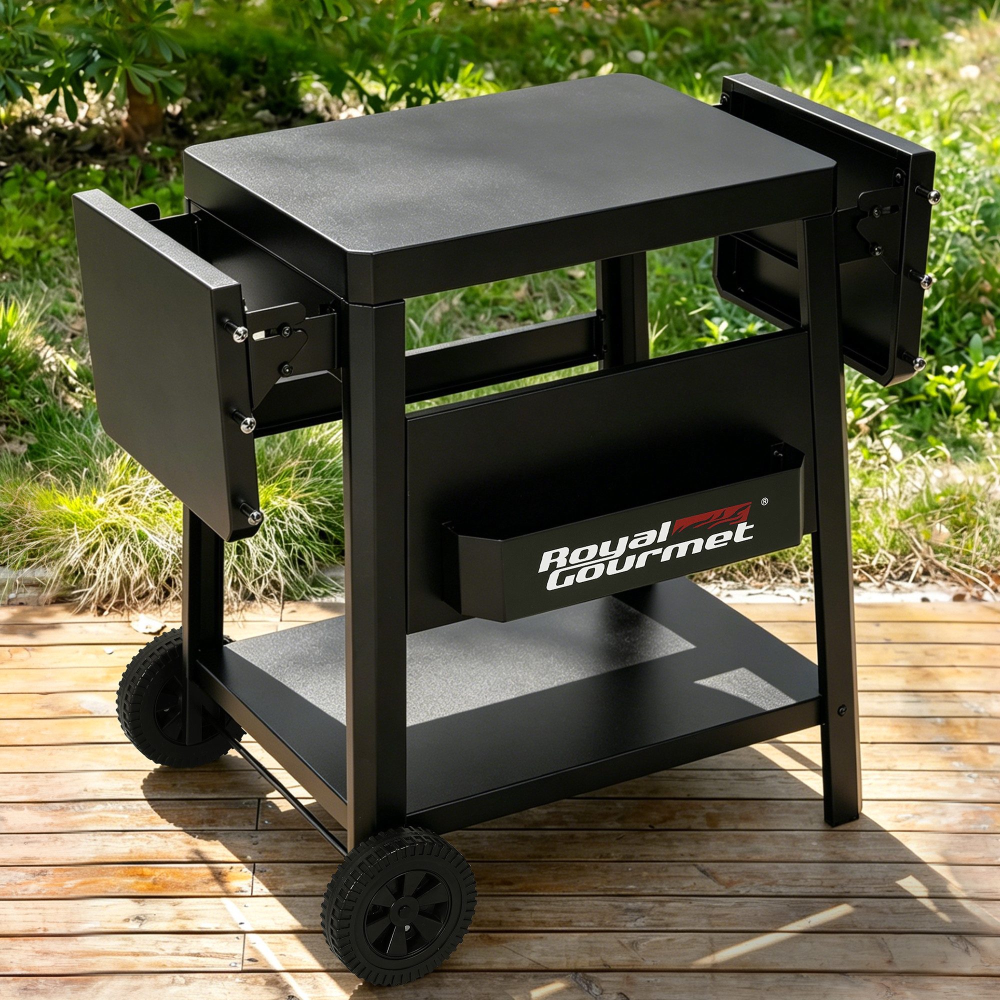 Royal Gourmet Grillablagetisch mit klappbaren Seitentischen, Haken und Ablagekorb, Schwarz (1-St), mit Zwei Räder, klappbare Seitentische