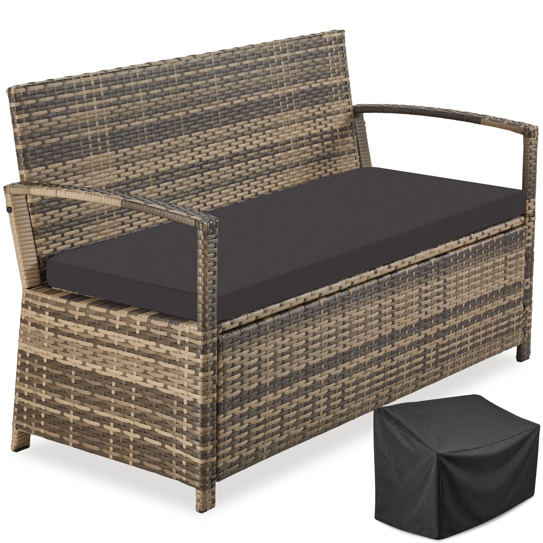 tectake Gartenbank Polyrattanbank wetterfest 2-Sitzer mit Stauraum und Schutzhülle (Gartenlounge Bank Vecchia, in Natur), Belastbarkeit 250 kg, Inkl. Sitzpolster