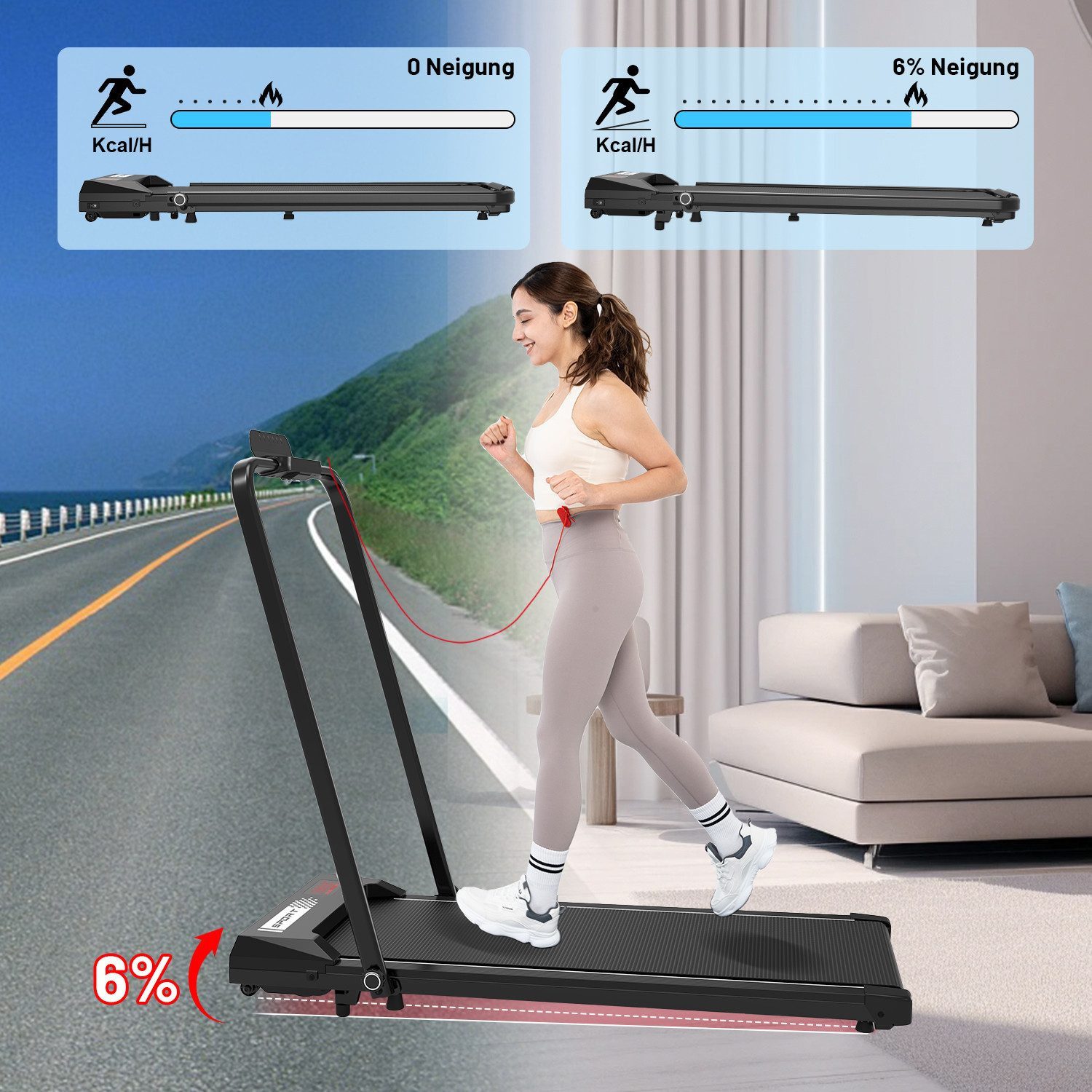 CITYSPORTS Laufband 1400W klappbares Laufband, 1–12 km/h, 2 HP, mit Fernbedienung, Komplett montiert, 6 % Steigung, mit Werkzeugsatz
