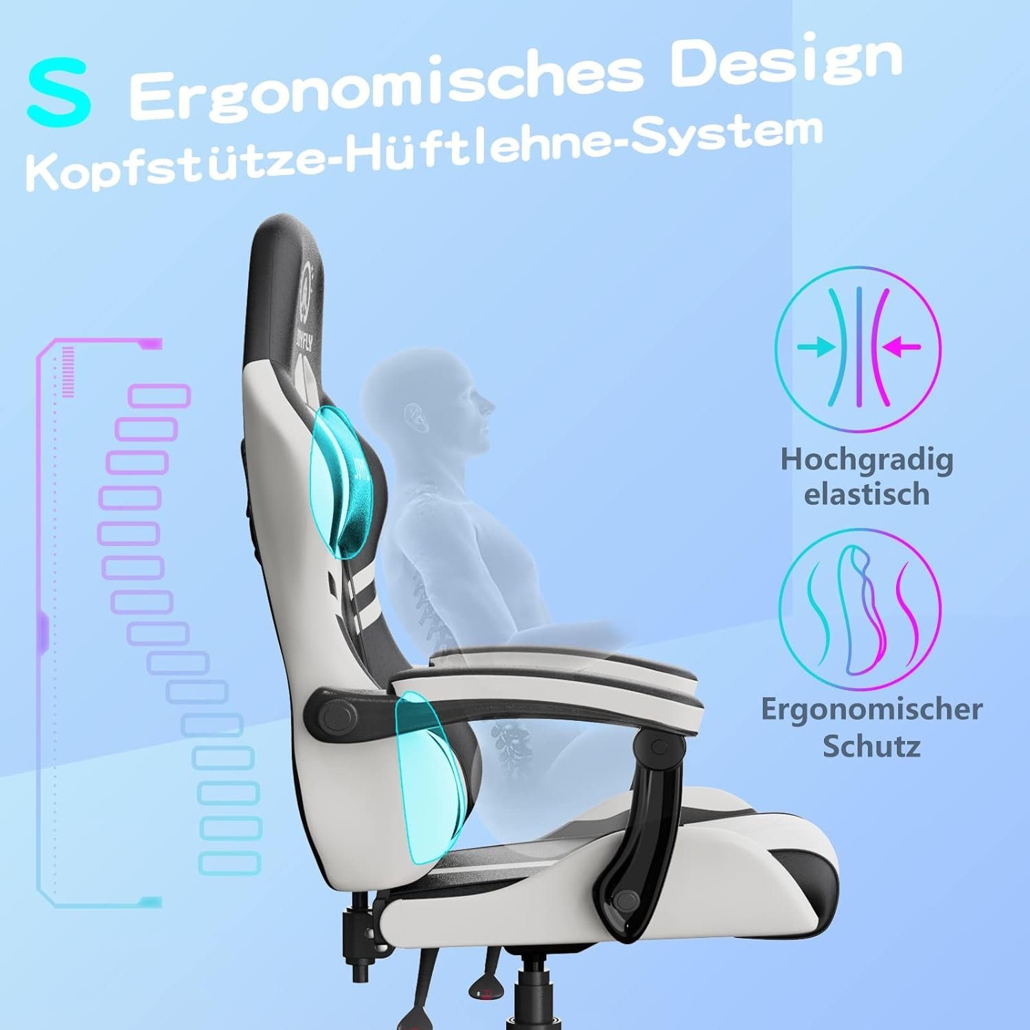 JOYFLY Gaming-Stuhl (Bürostuhl mit Stuhl Gaming Schreibtischstuhl Sitz), mit PC-Stuhl Gaming ergonomisch: Ergonomischer Lordosenstütze Sessel verstellbarem