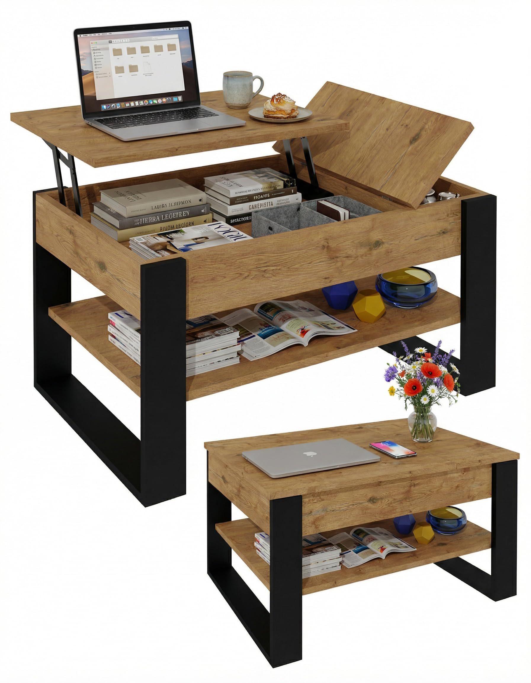 TREND WERK Couchtisch Lift-Couchtisch höhenverstellbar Sofatisch 92×54 cm mit Stauraum (verstecktem Fach Wohnzimmertisch Holz modern Wohnzimmertisch)
