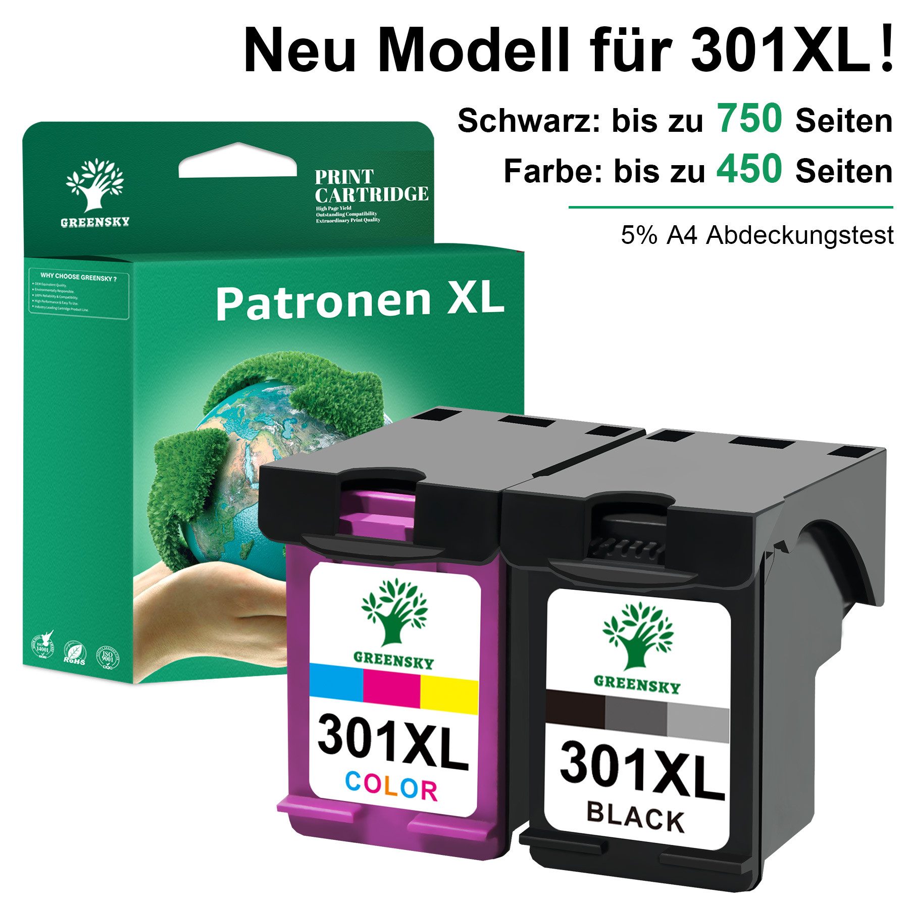 Greensky 2er 301XL Patronen für HP 301 XL Druckerpatronen Tintenpatrone (für Envy 4525 4520 4527 Deskjet 3630 3636 2130, Officejet 3831 3830 3833 5230 5220)