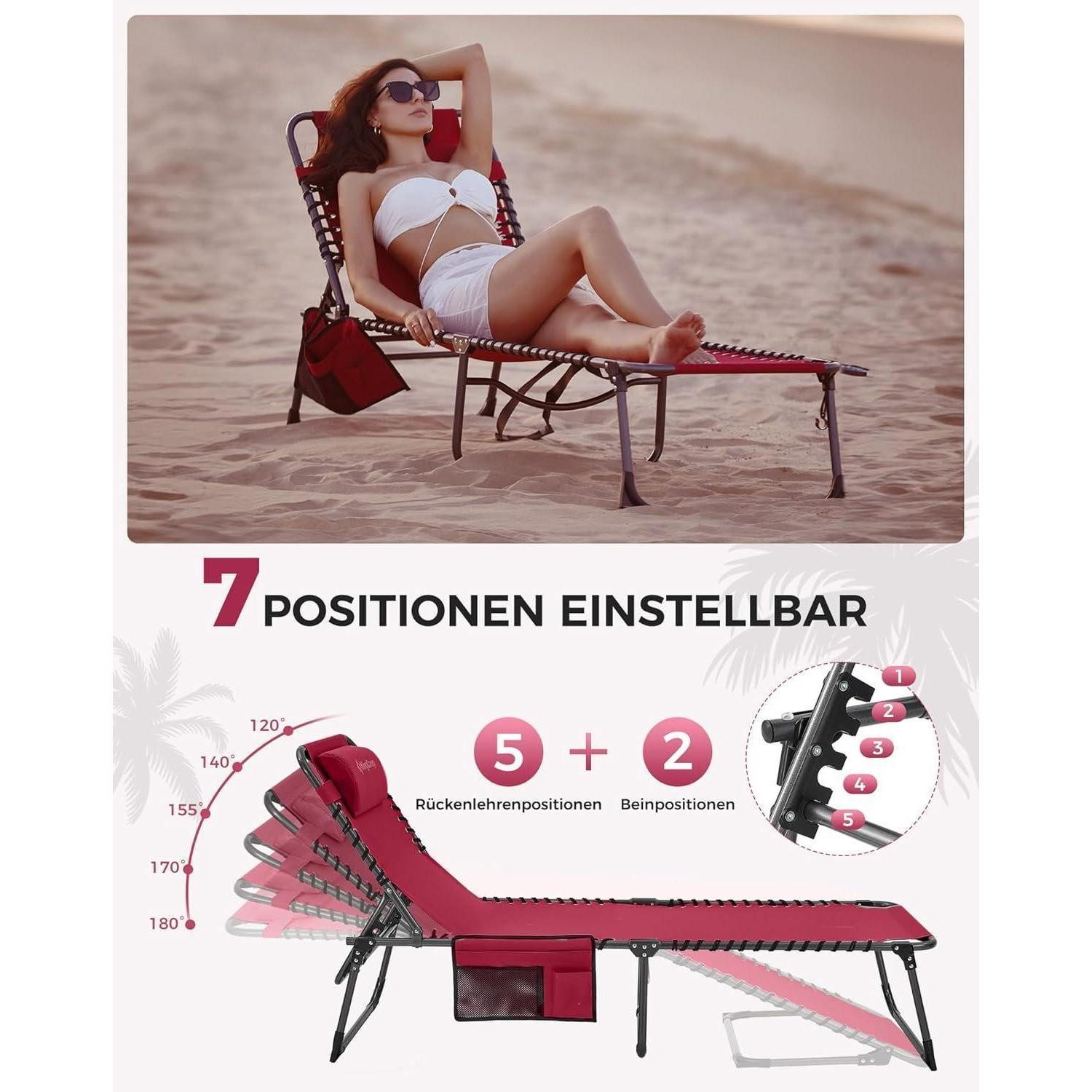 LuxusKollektion Gartenliege Campingliege Sonnenliege klappbar 5-stufig verstellbar mit Kopfkissen