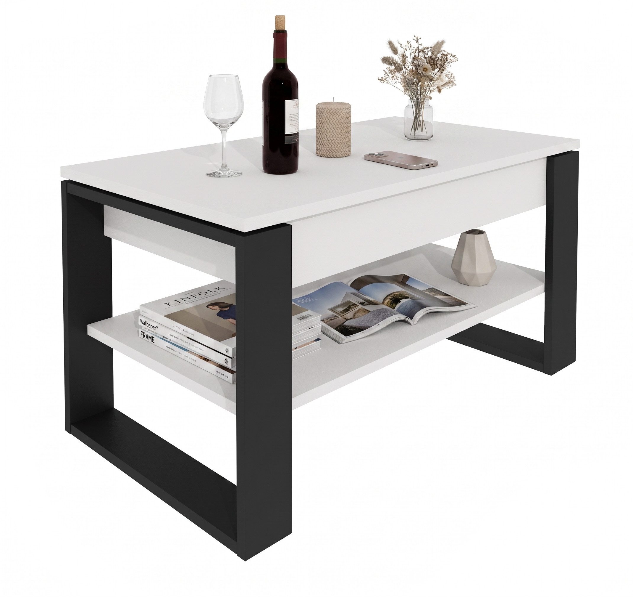 TREND WERK Couchtisch Lift-Couchtisch höhenverstellbar Sofatisch 92×55 cm mit Stauraum (verstecktem Fach Wohnzimmertisch Holz modern) – Bild 3 von 5