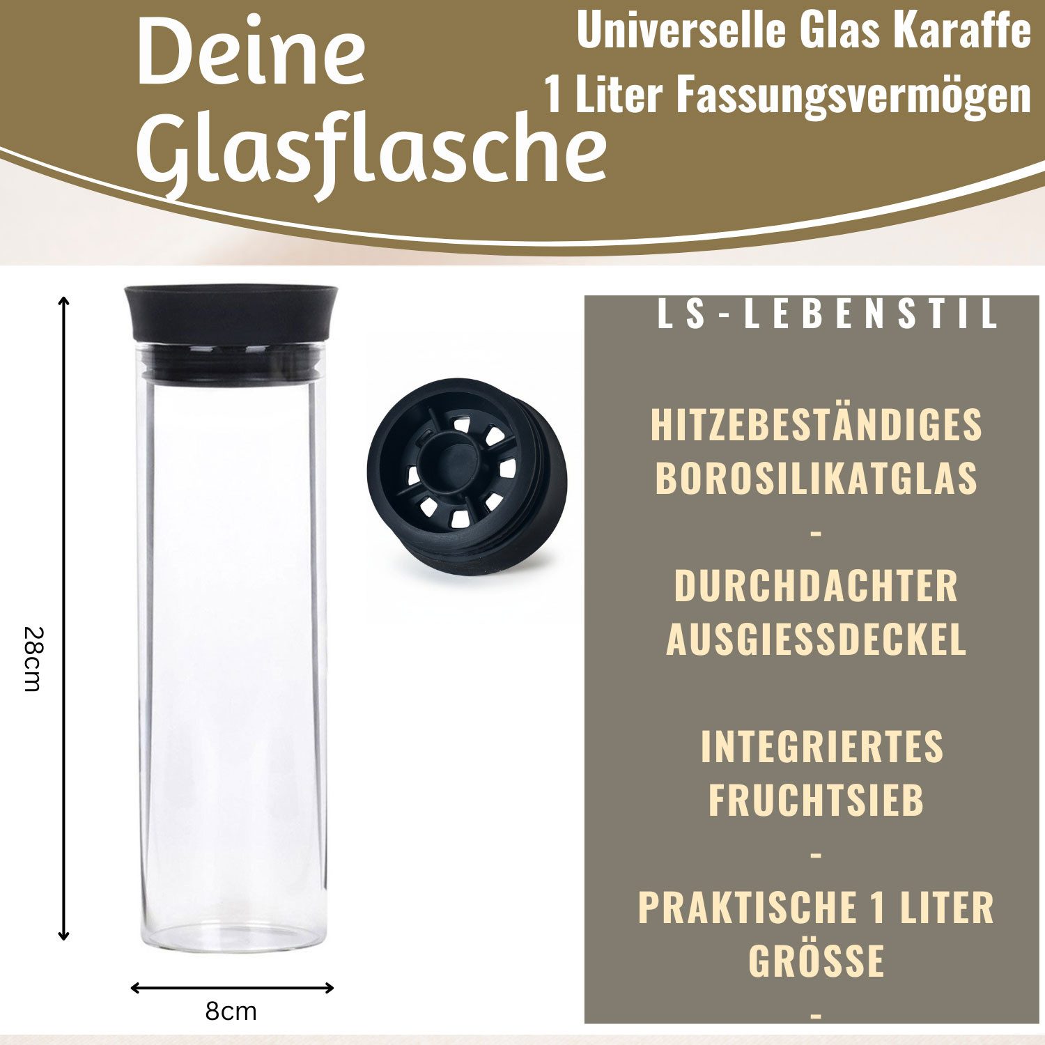LS-LebenStil Wasserkaraffe 1x Glas Wasserflasche 1L Borosilikatglas Flasche Karaffe mit Deckel, (mit Silikon Deckel und integriertem Sieb, Glaskaraffe Trinkflas – Bild 2 von 5