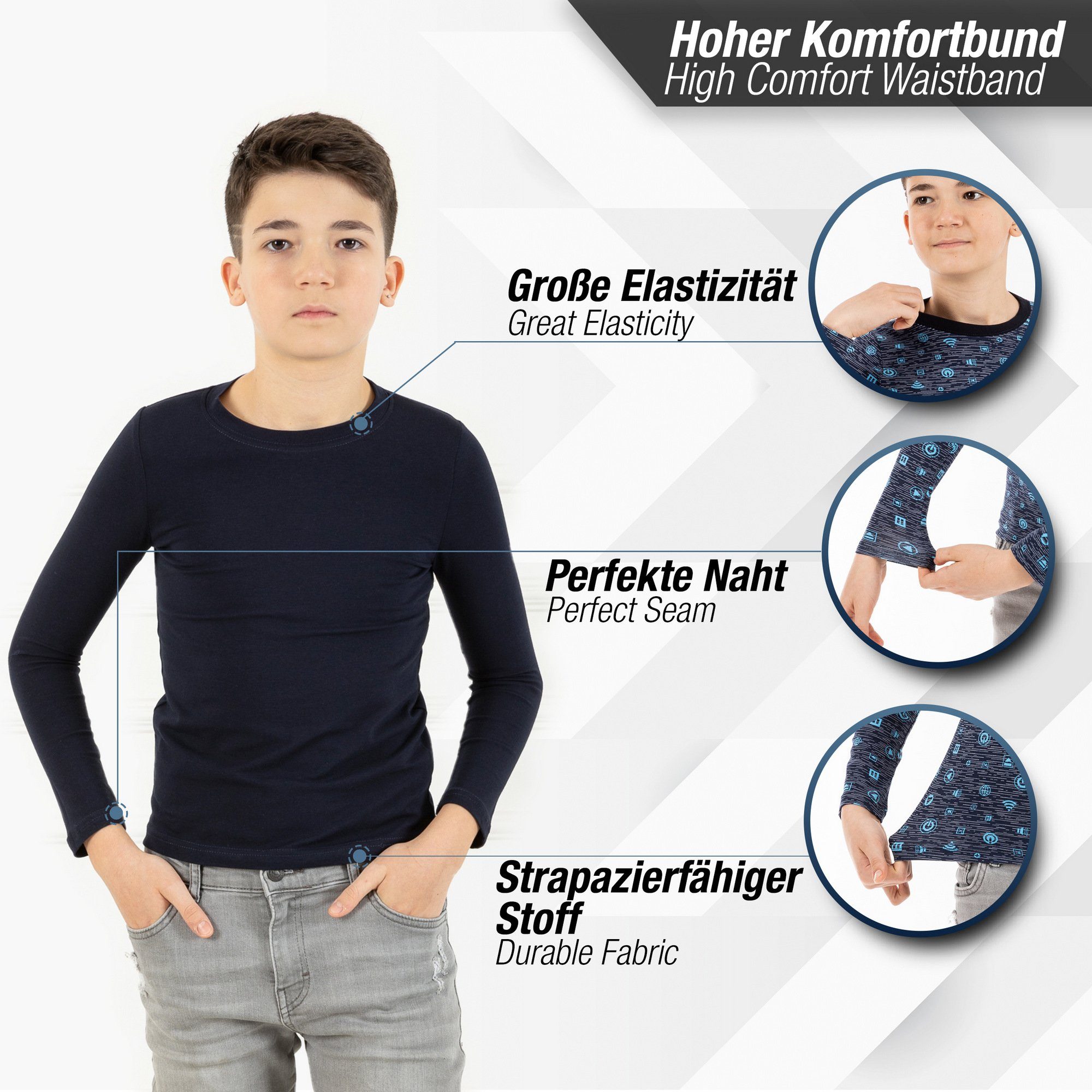 LOREZA Langarmshirt 3er Set Jungen Langarmshirts - Basics - Mehrfarbig (Set, 3-tlg)