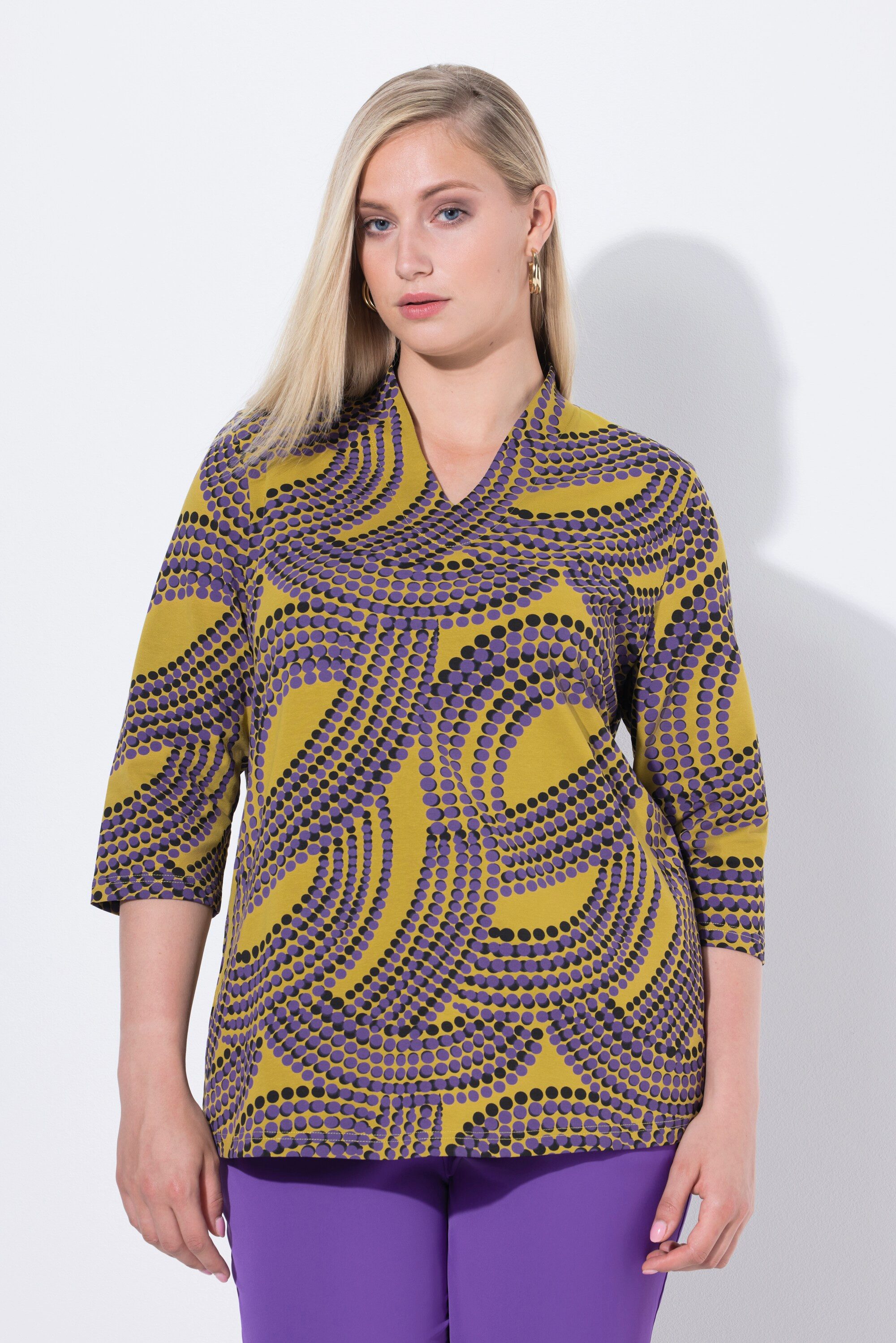 Ulla Popken T-Shirt Shirt Punkte Kelchkragen V-Ausschnitt 3/4-Arm günstig online kaufen