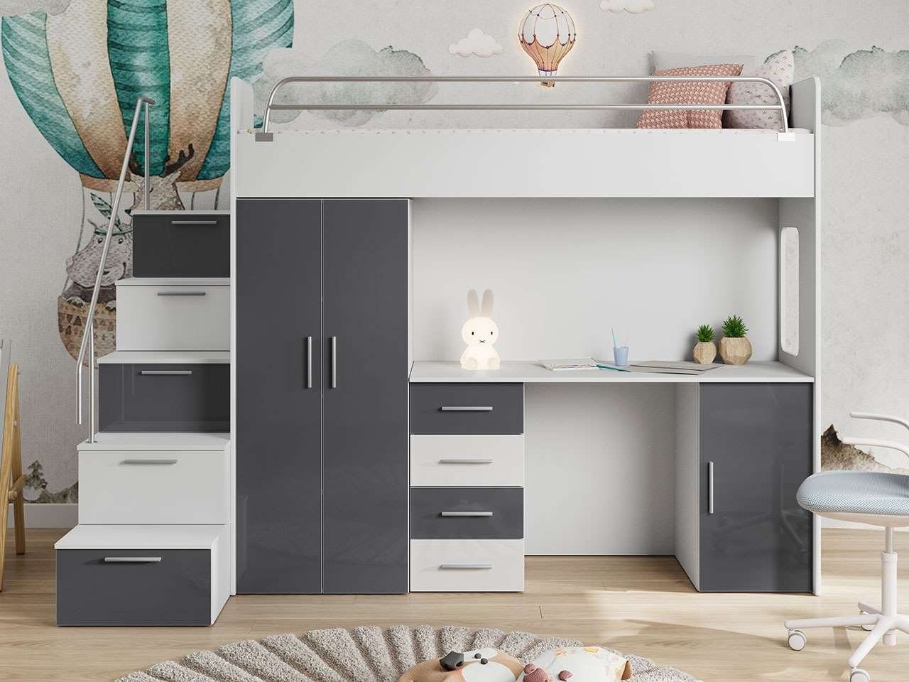 Etagenbett, (Bett, Schrank Grau mit Treppe Schließfächern), mit Jugendbett Schreibtisch, MÖBEL Jugendmöbelset und EDEN Kleiderschrank, Schreibtisch 4S MKS