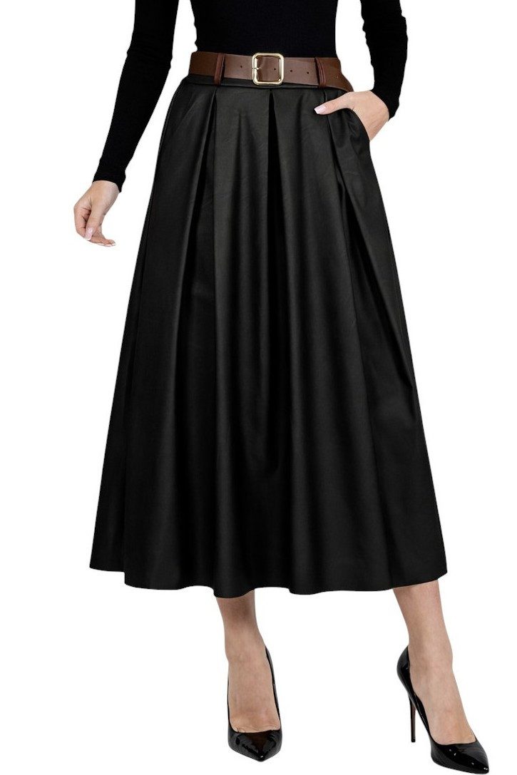 Mississhop Lederimitatrock Damen A-Linien Rock mit Gürtel und Metallschnalle M.405