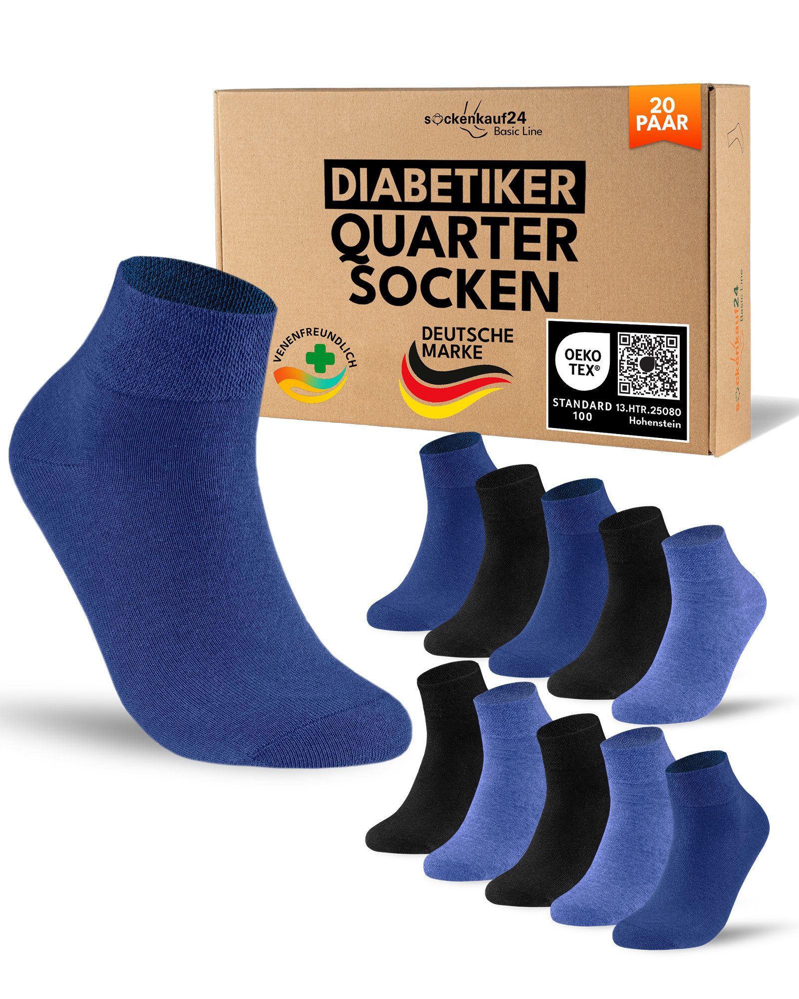 sockenkauf24 Diabetikersocken kurz ohne Gummibund & ohne Naht Quarter Diabetiker Socken Baumwolle (Set, 20-Paar) Diabetiker Socken mit Komfortbund ohne Gummi für Damen & Herren