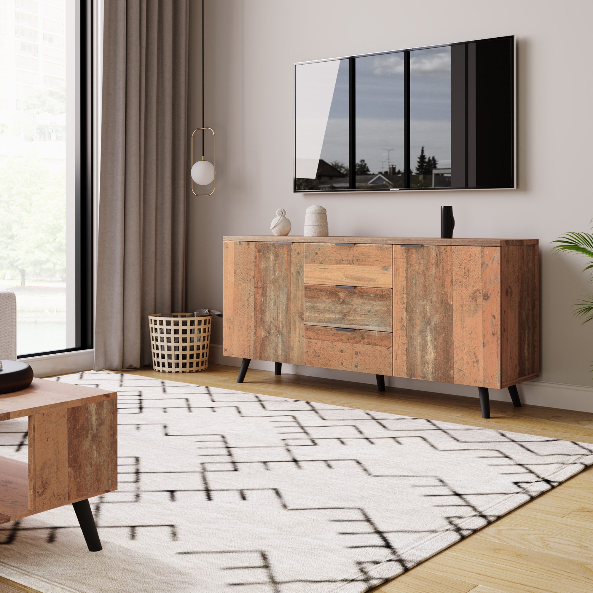 Fanttik Sideboard TV-Schrank mit verstellbaren Regalen, Aufbewahrungsschrank 140cm, vertikaler Schrank, drei Schubladen, Kommode für Wohnzimmer, Esszimmer