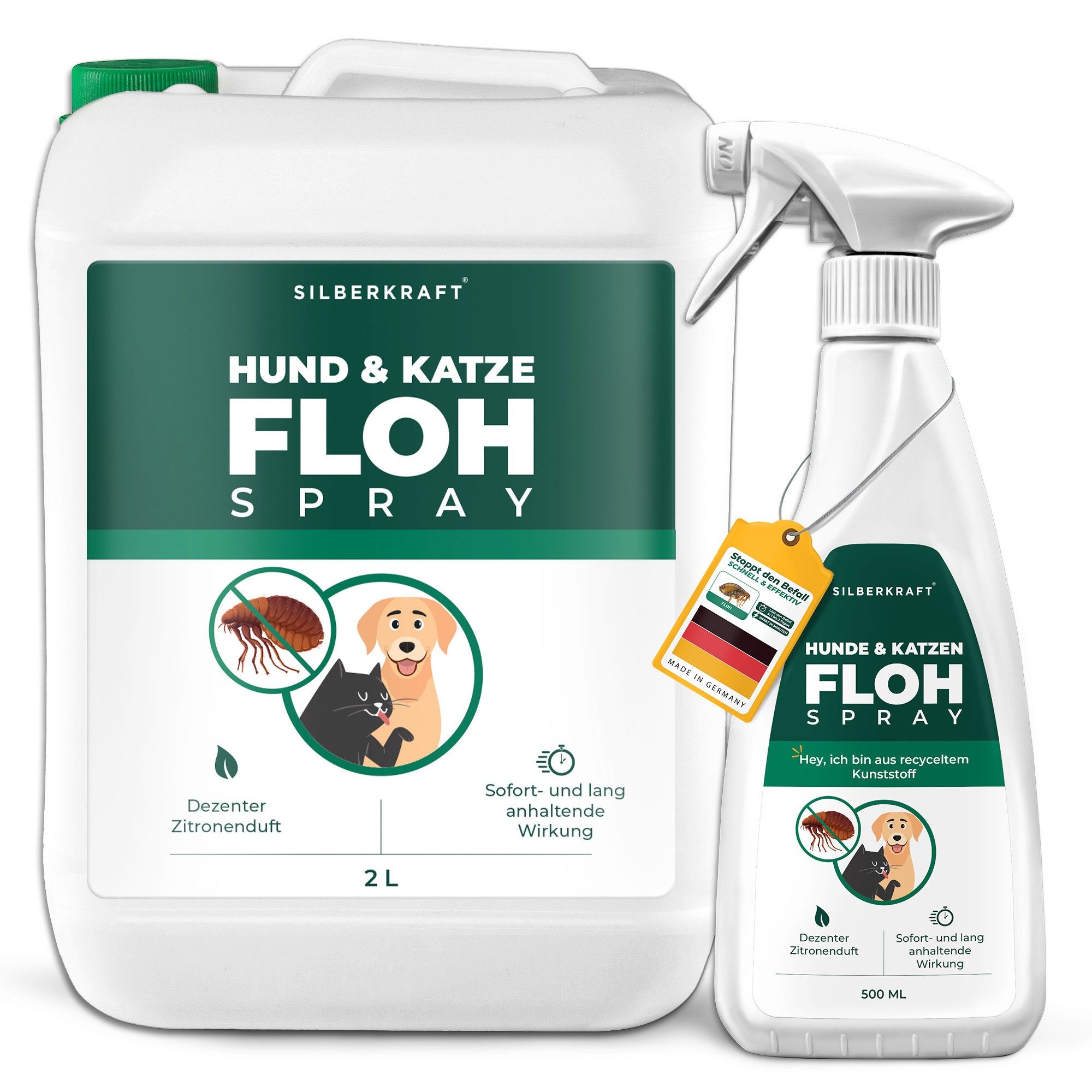 Silberkraft Insektenspray Silberkraft Flohspray für Hunde und Katzen - Anti-Floh-Spray, 2500 ml, Flöhe aus dem Fell fernhalten, Made in Germany, 2-St., Repellent mit starker Wirkung, Anwendung bei akutem Befall, Repellent mit starker Wirkung, Anwendung bei akutem Befall