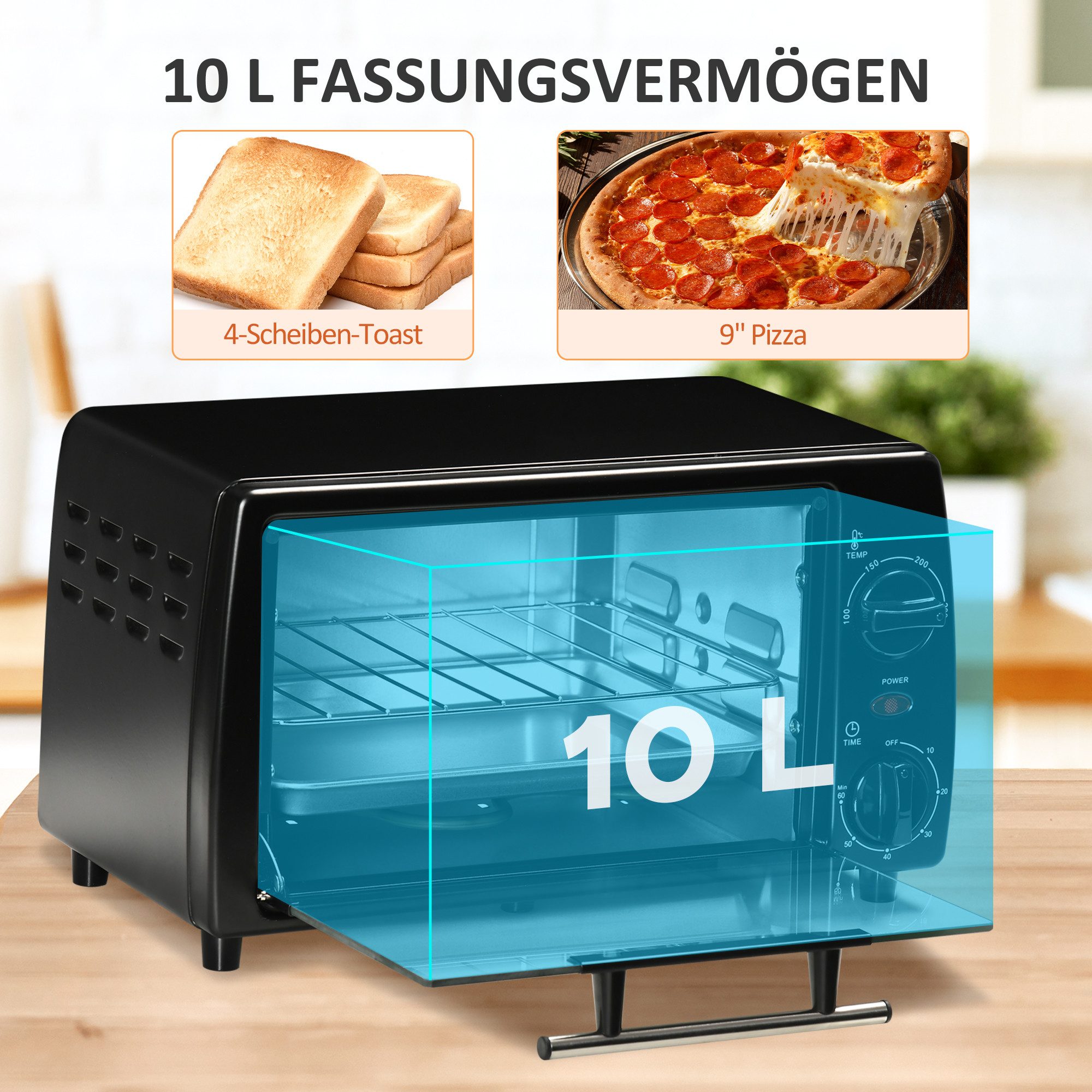 HOMCOM Minibackofen Backofen 10 L 750W 100-230℃ mit Backblech Pizza-Ofen, zum Grillen, Backen, Toasten, Schwarz – Bild 4 von 5