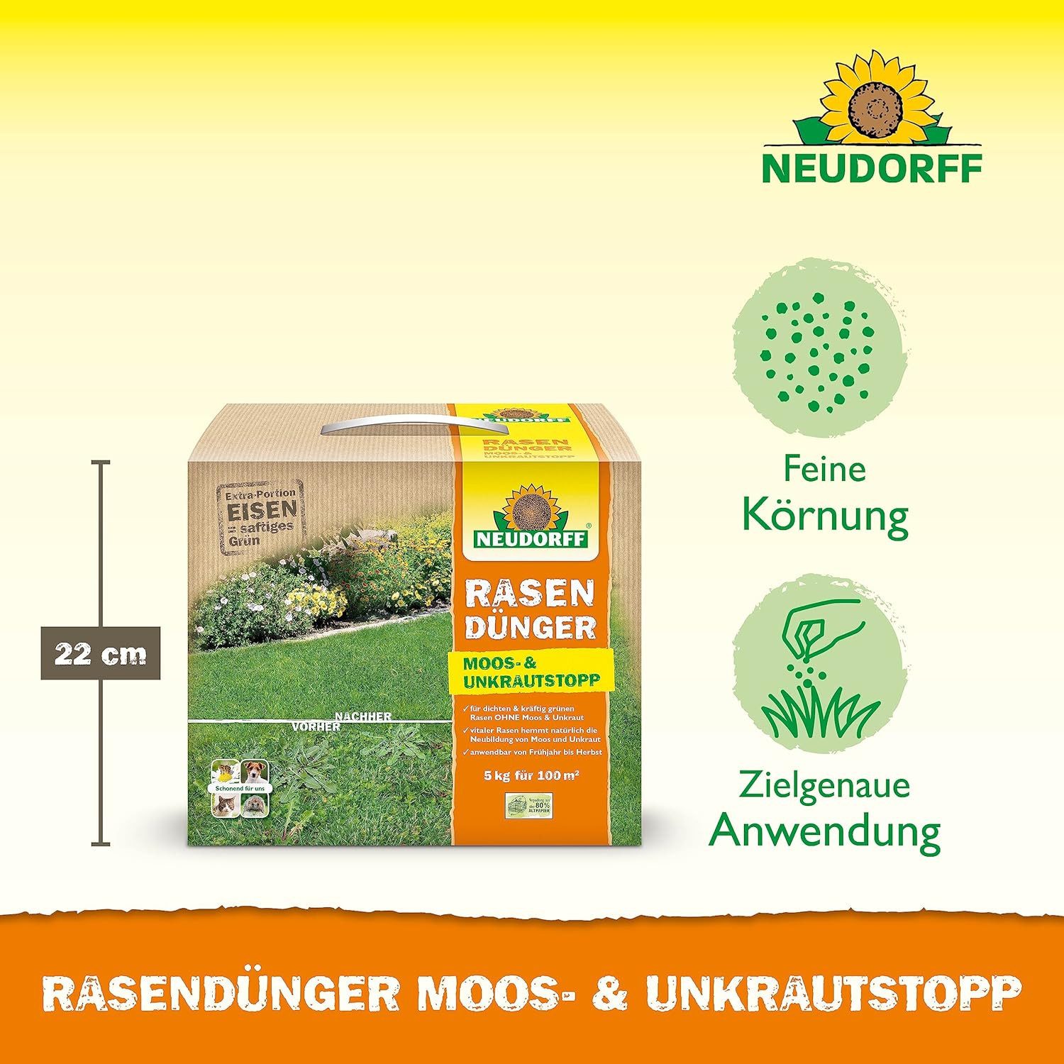 Neudorff Rasendünger RasenDünger Moos- & UnkrautStopp 5 kg, Granulat gleichmäßig auf feuchtem Rasen verteilen. Erste Bewässerung frühestens 24 Stunden nach der Ausbringung durchführen., Eisen und Kalium sorgt für dichten, grünen Rasen ohne Moos und Unkraut, auch für Rasenflächen geeignet, die mit Mährobotern gepflegt werden