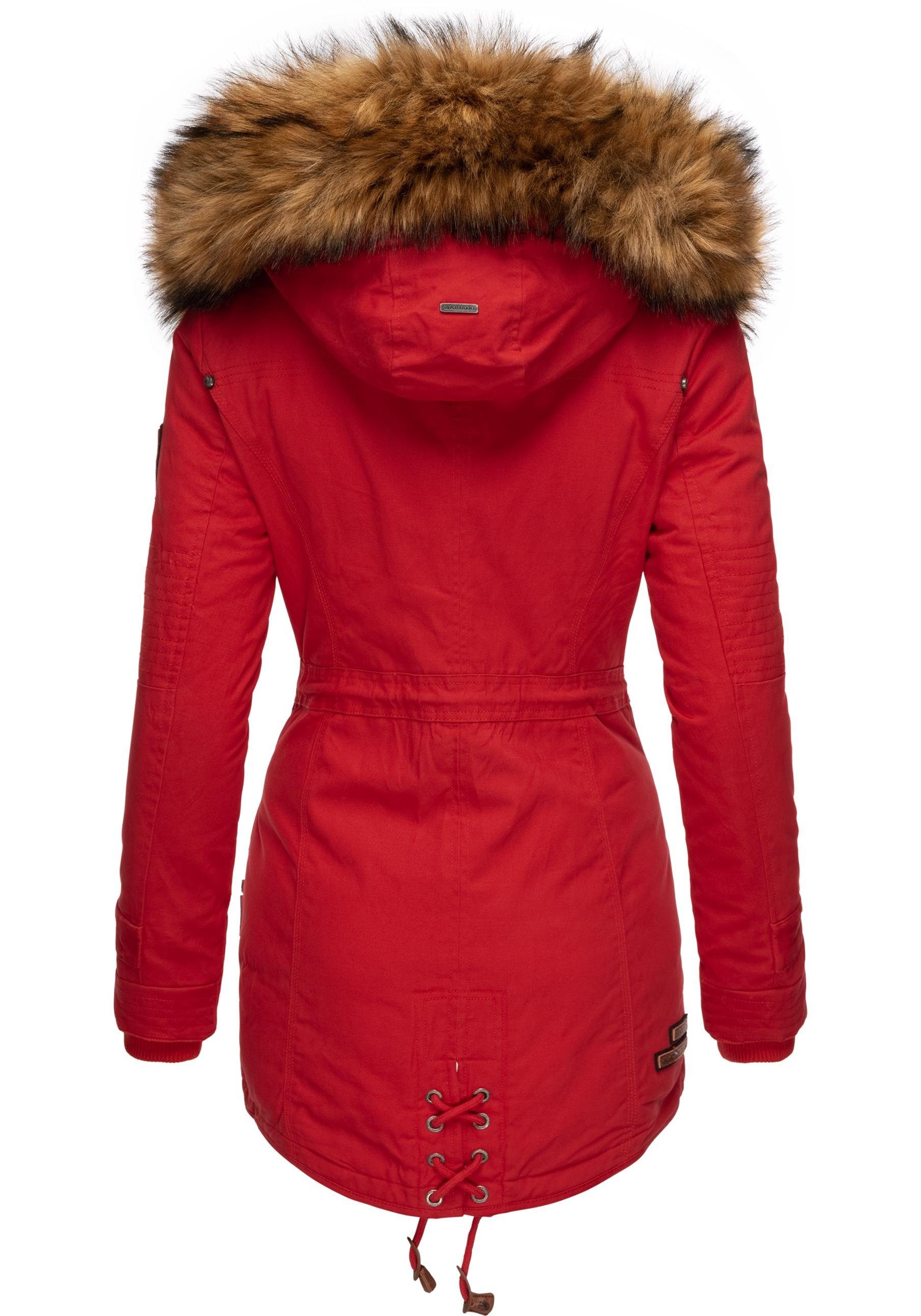 Marikoo Wintermantel Winterparka La Prc stylischer rot mit Kunstfell Viva abnehmbarem