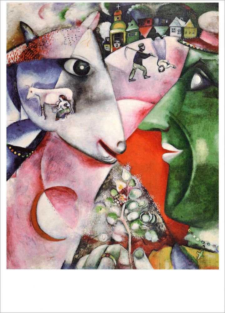 Kunstkarte das und "Ich Dorf" Postkarte Chagall Marc