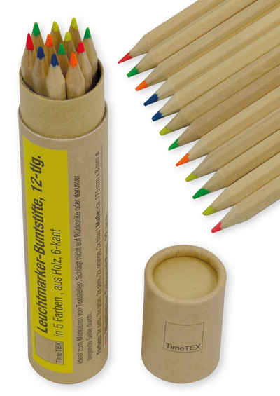 TimeTEX Marker Leuchtmarker-Buntstifte aus Holz, sechskant, 12-tlg. in 5 Farben, (12-tlg)