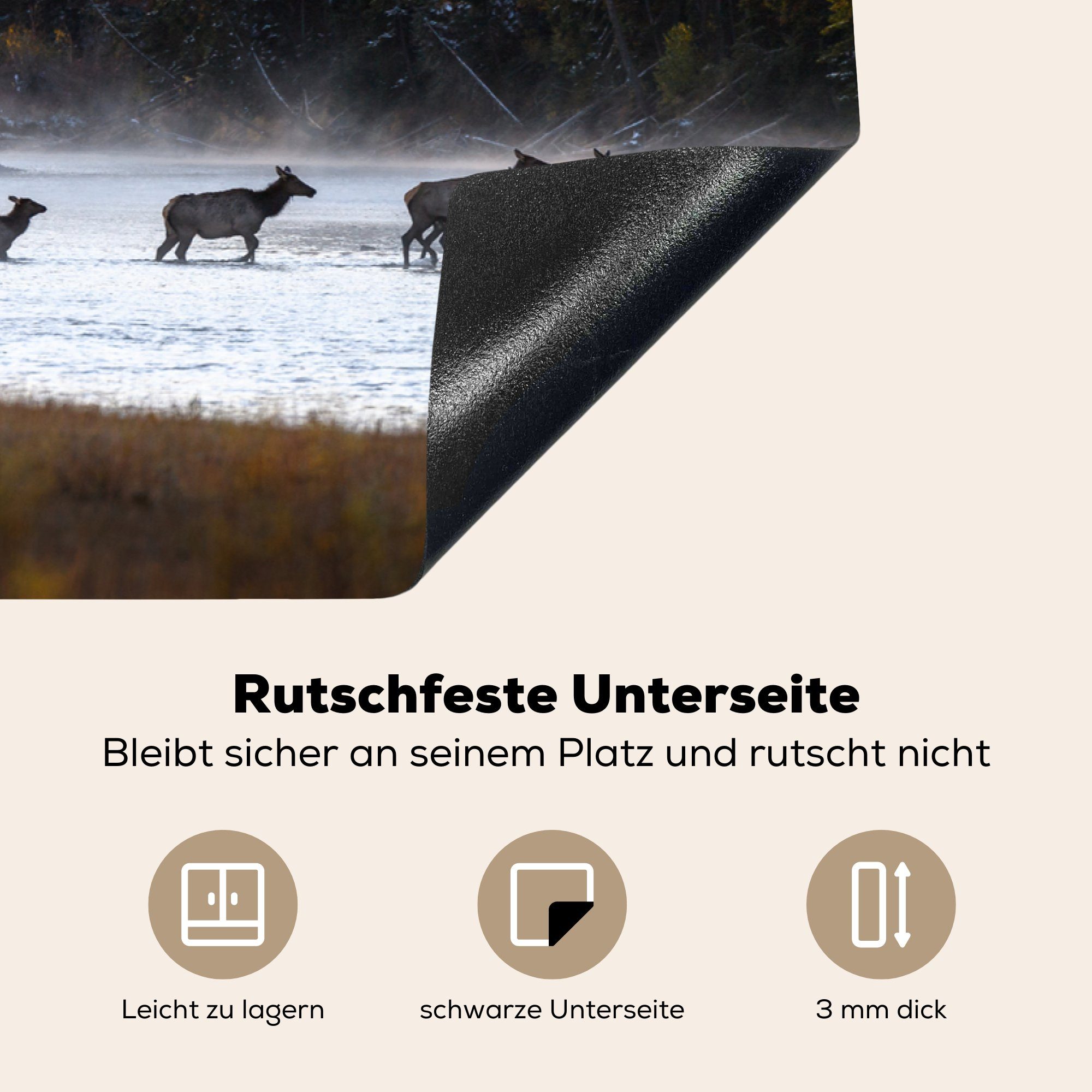 cm, Herdblende-/Abdeckplatte Hirsch küche, die MuchoWow tlg), Vinyl, 81x52 - Fluss, Induktionskochfeld Wald - (1 Ceranfeldabdeckung für Schutz