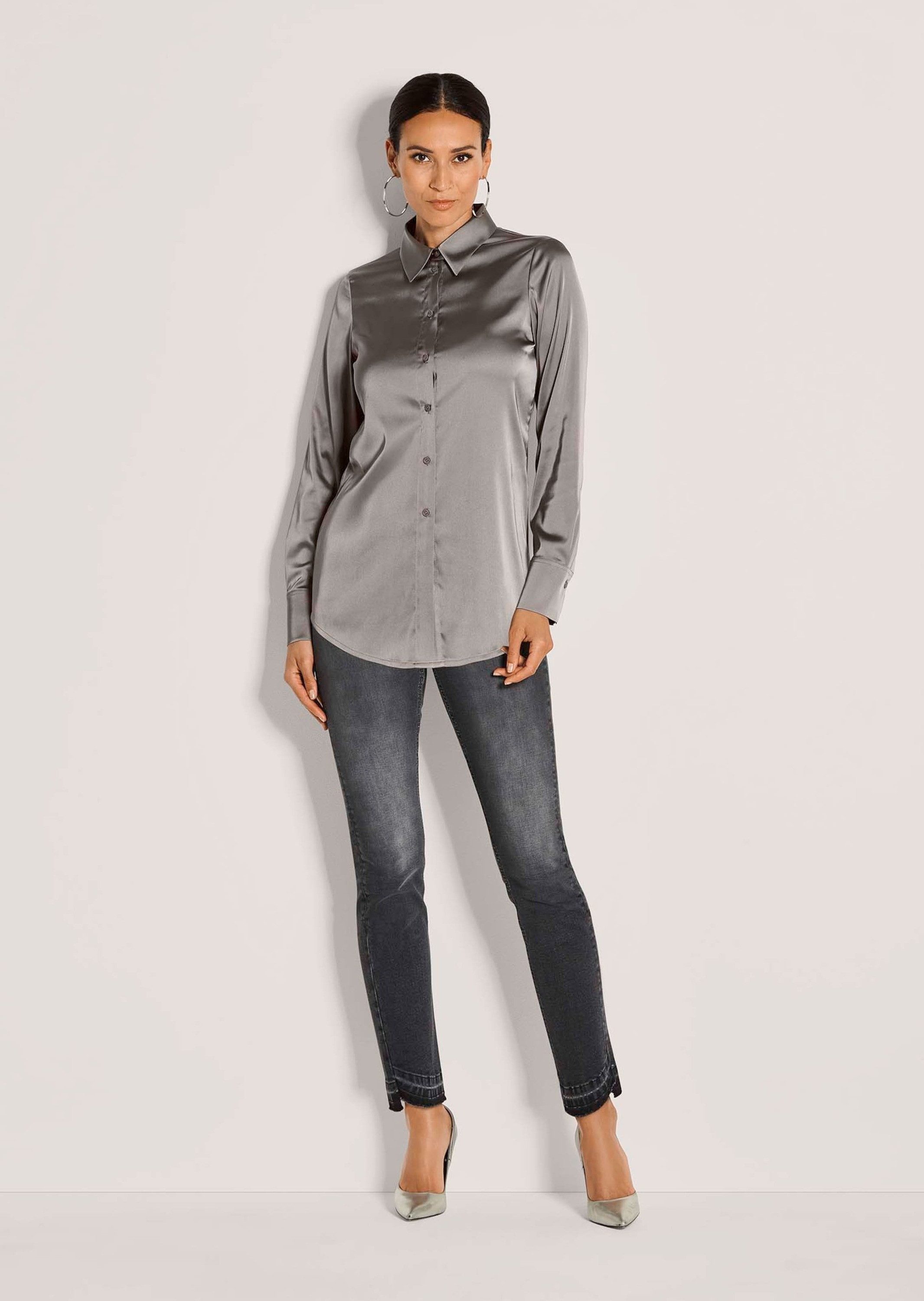 MADELEINE Langarmbluse Elegante Bluse mit glänzendem Effekt Langarmbluse mit Hemdkragen und Knopfleiste
