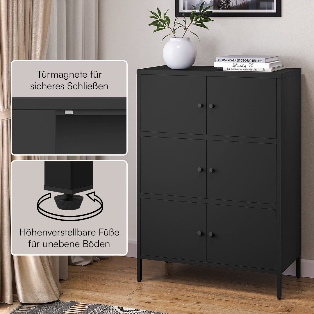 skølm Kommode Atriona aus Metall (Schwarz, 3 Fächer & 6 Türen), Metallschrank 113,5 x 80 x 38 cm, auch verfügbar mit 2 Fächern