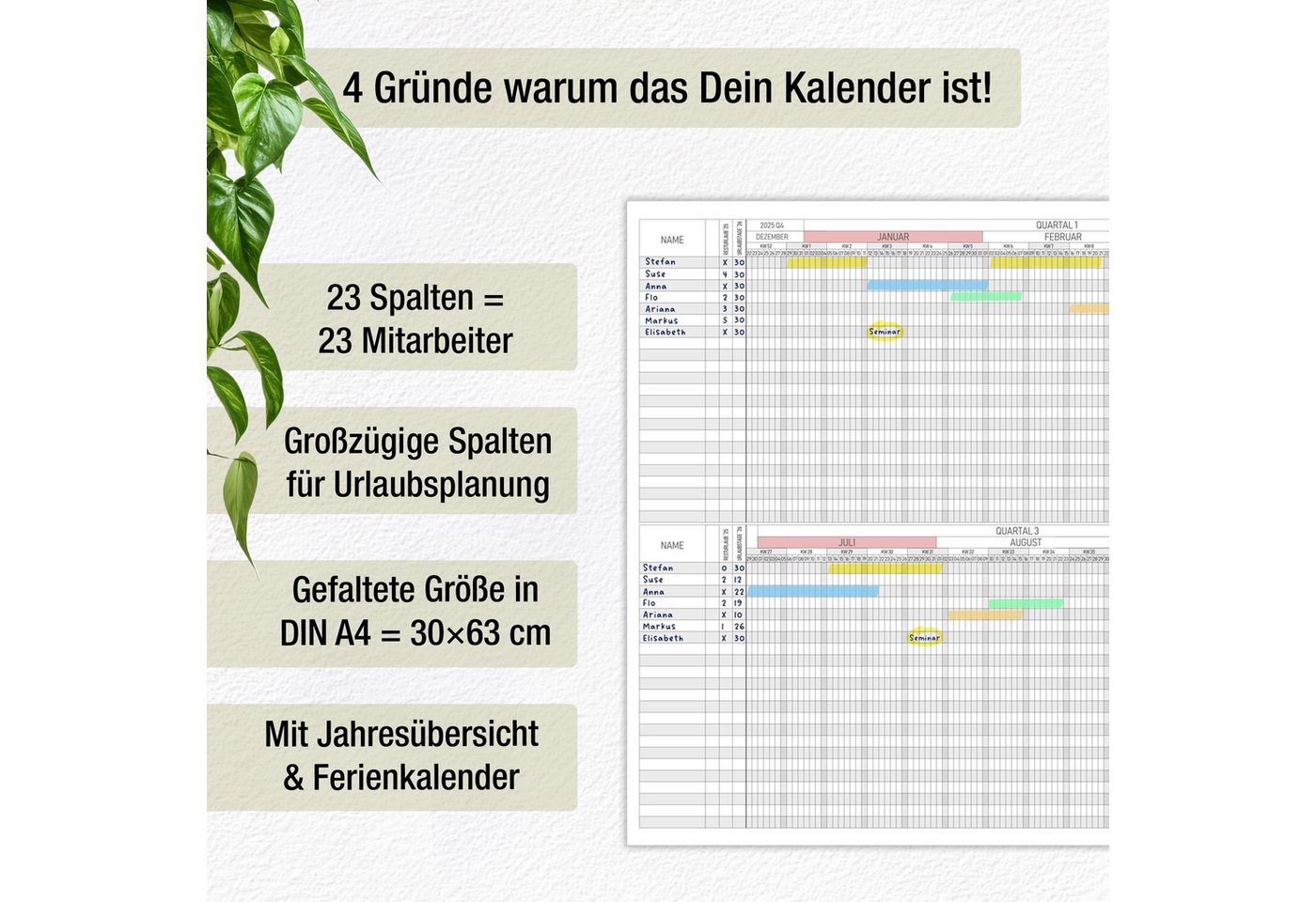 Thumbnail - TOBJA Wandkalender A4 3-ZickZack Urlaubsplaner 2026 Mitarbeiterplaner Schichtplaner, 63x30 cm Urlaubskalender Dienstplan...
