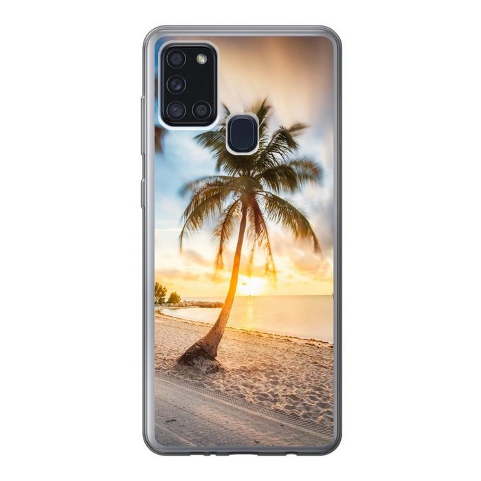 MuchoWow Handyhülle Sonnenuntergang - Strand - Palme Handyhülle Samsung Galaxy A21s Smartphone-Bumper Print Handy