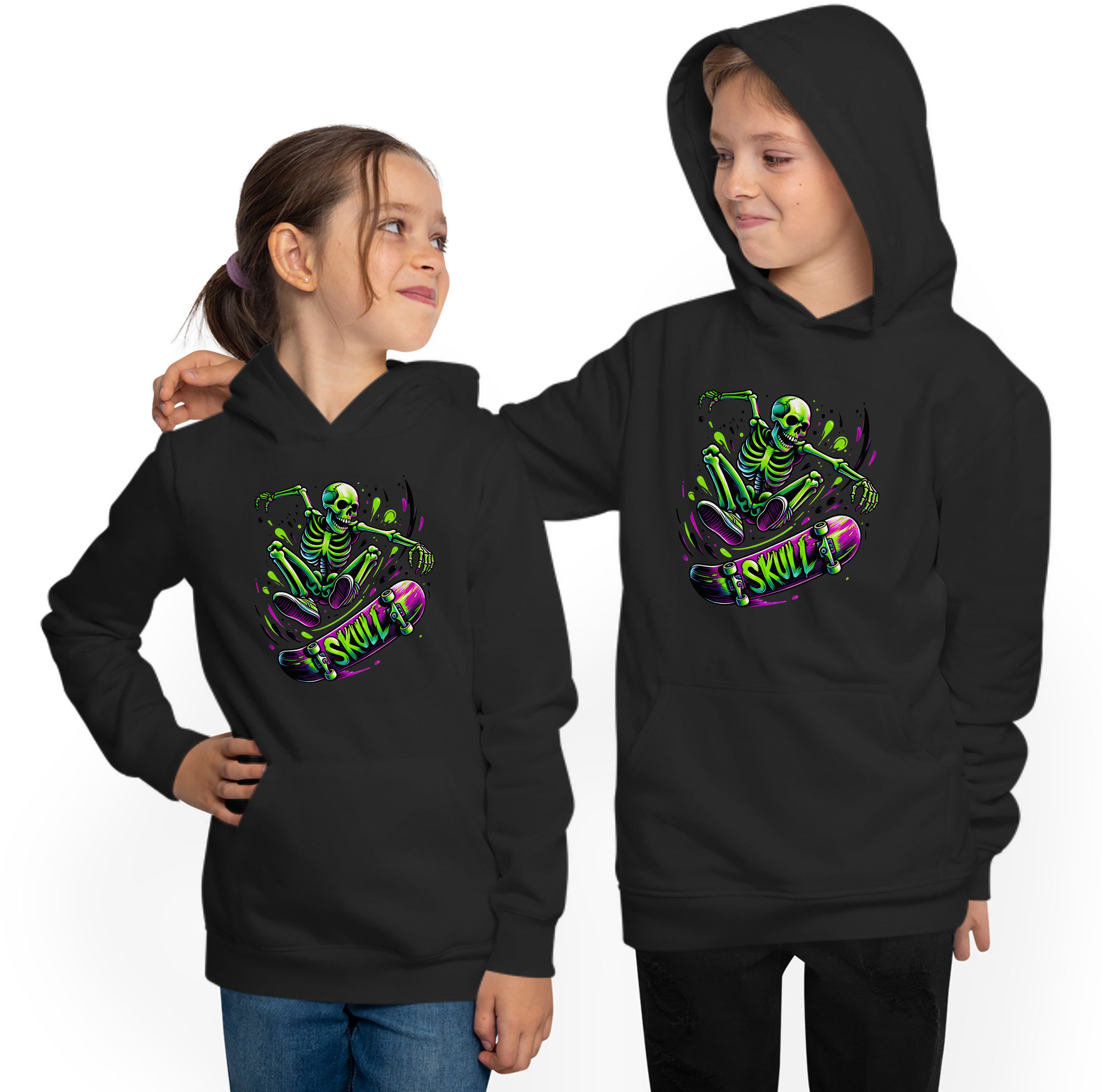 MyDesign24 Hoodie Kinder Kapuzensweater - Springender Skelett Skateboarder Kapuzenpulli mit Aufdruck i538 – Bild 2 von 5