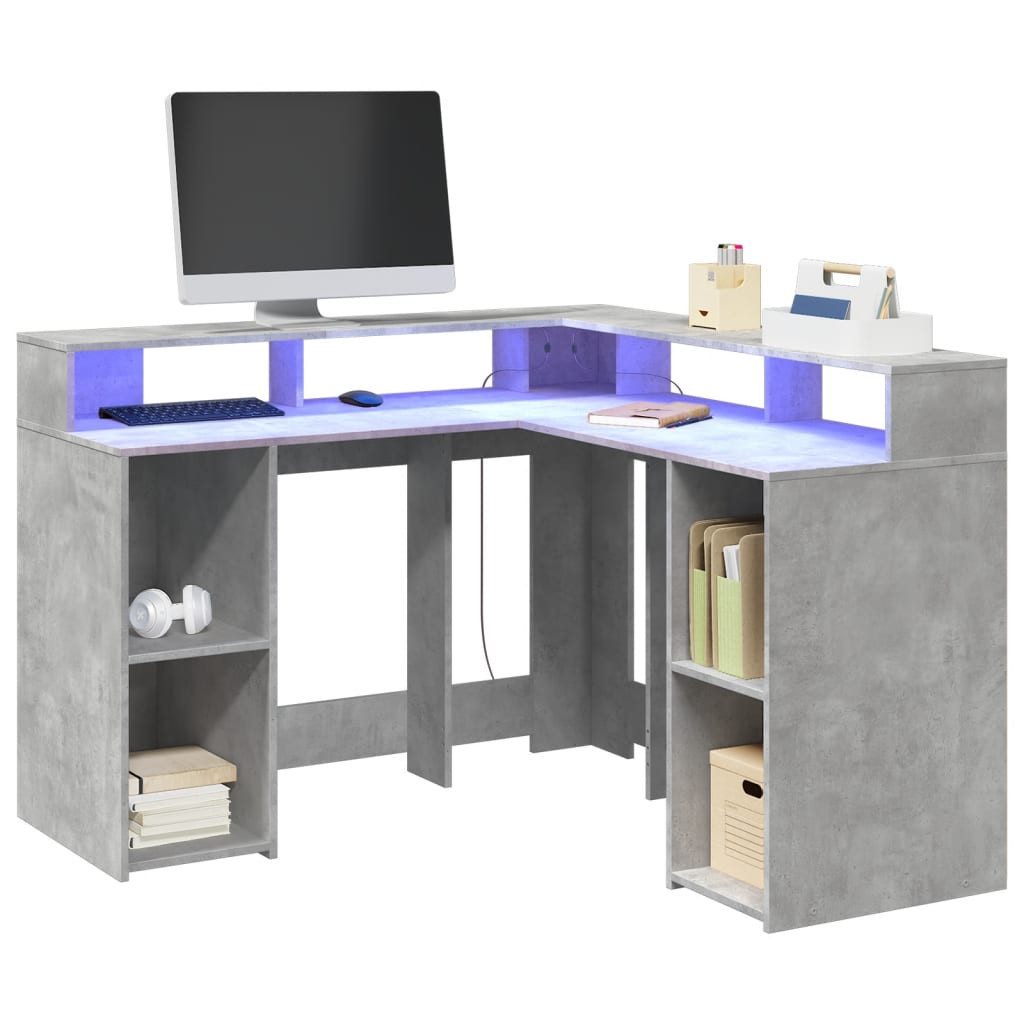 vidaXL Schreibtisch LED-Schreibtisch Betongrau 130x130x91 cm Holzwerkstoff