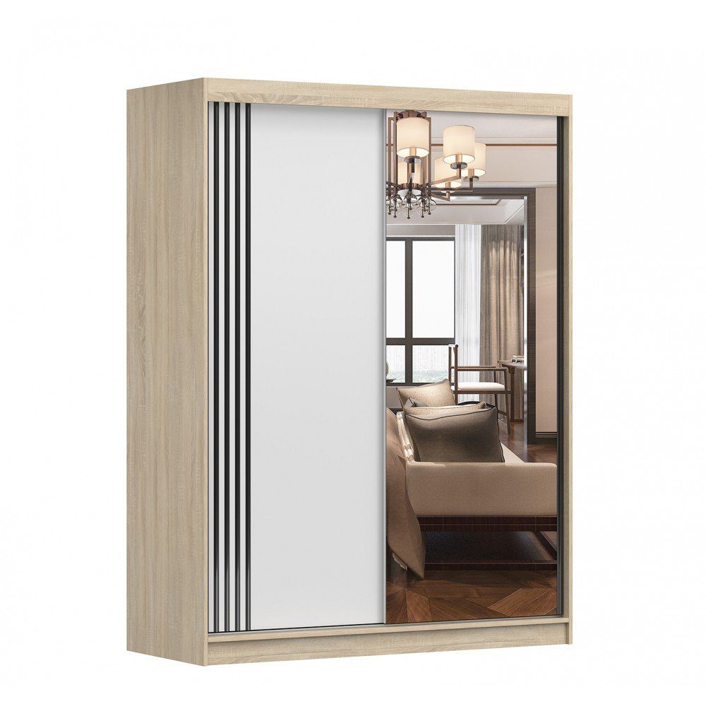 Weiß Schrank Modern Schwebetürenschrank Sonoma Kleiderstange, mit cm (BxHxT): MOEBLO 150x200x61 + (mit Kleiderschrank Spiegel Gaderobe Einlegeböden Design), und vielen Schlafzimmer-Wohnzimmerschrank 07 2-türig Schiebtüren LARA