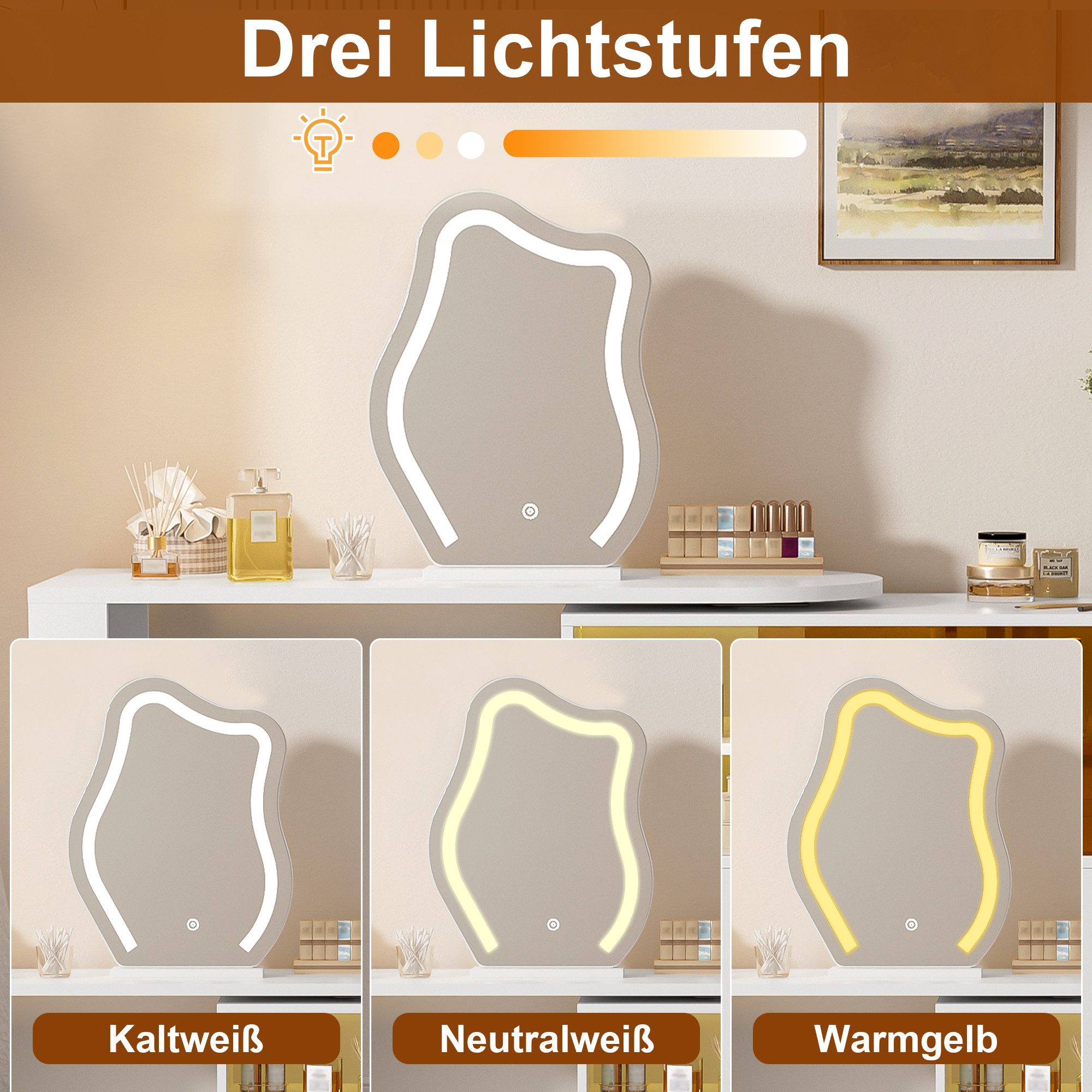 i@home Schminktisch Drehbarer Schminktisch mit LED-Beleuchtung, Frisiertisch, Bürotisch, großem mehrstöckigem Stauraum für Schlafzimmer, Weiß, 117×40×78 cm