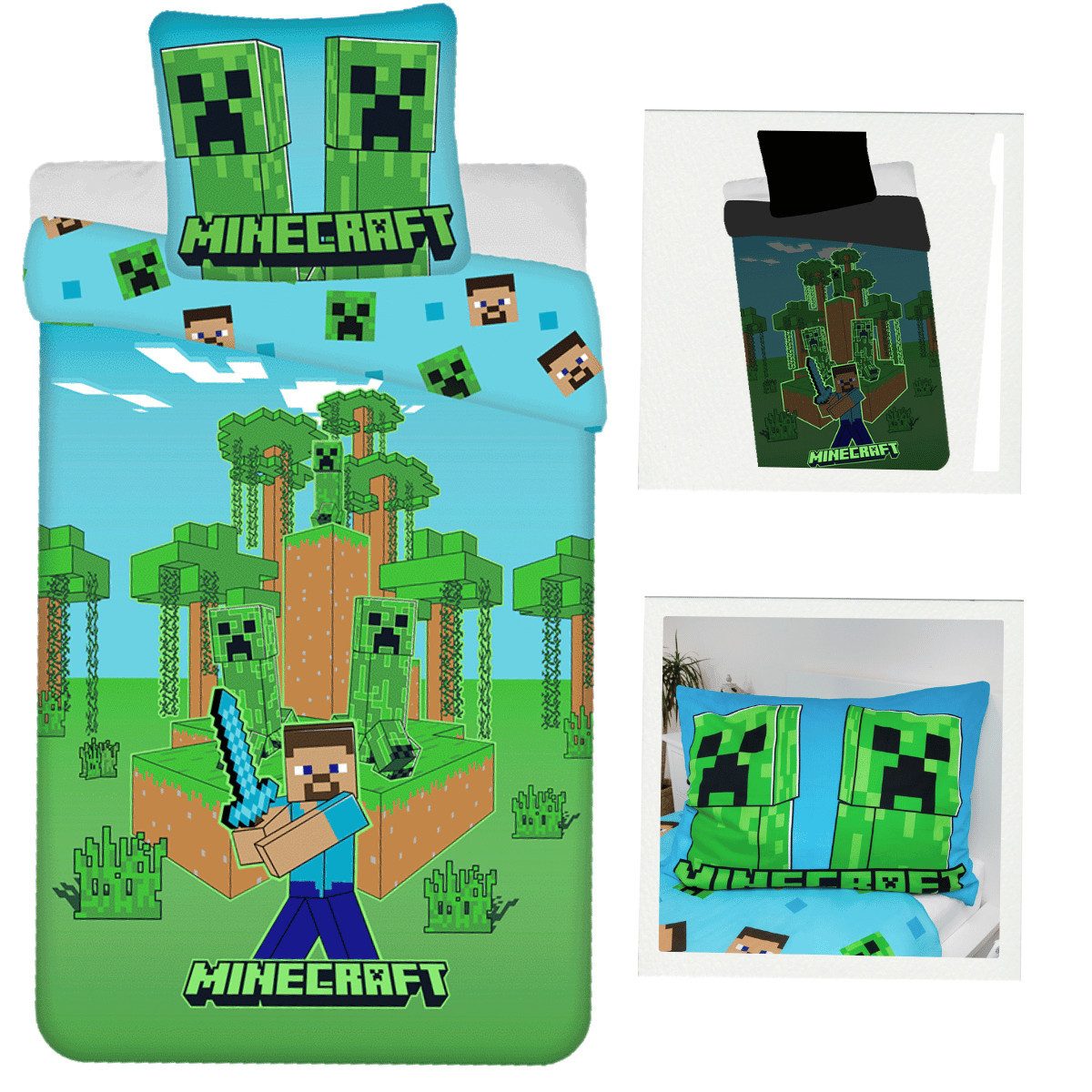 Minecraft Bettwäsche Minecraft leuchtende Wende Bettwäsche Kopfkissen Set135/140x200cm, Baumwolle, 2 teilig, Wendemotiv mit Reißverschluss