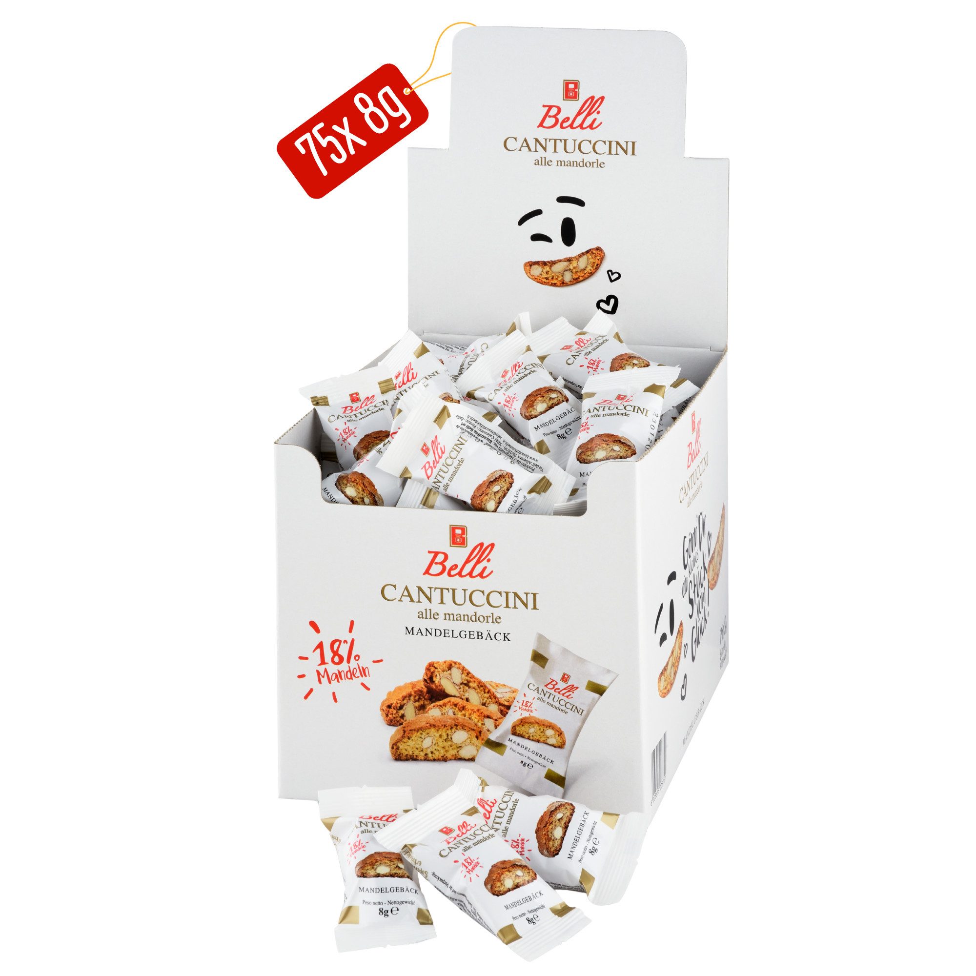 Belli Cantuccini Kekse Belli Cantuccini Mandelgebäck 75x 8g pro Box einzeln verpackte Kekse, 1 x (75x einzeln verpackte Gebäckstücke, traditionelles italienisches Gebäck)