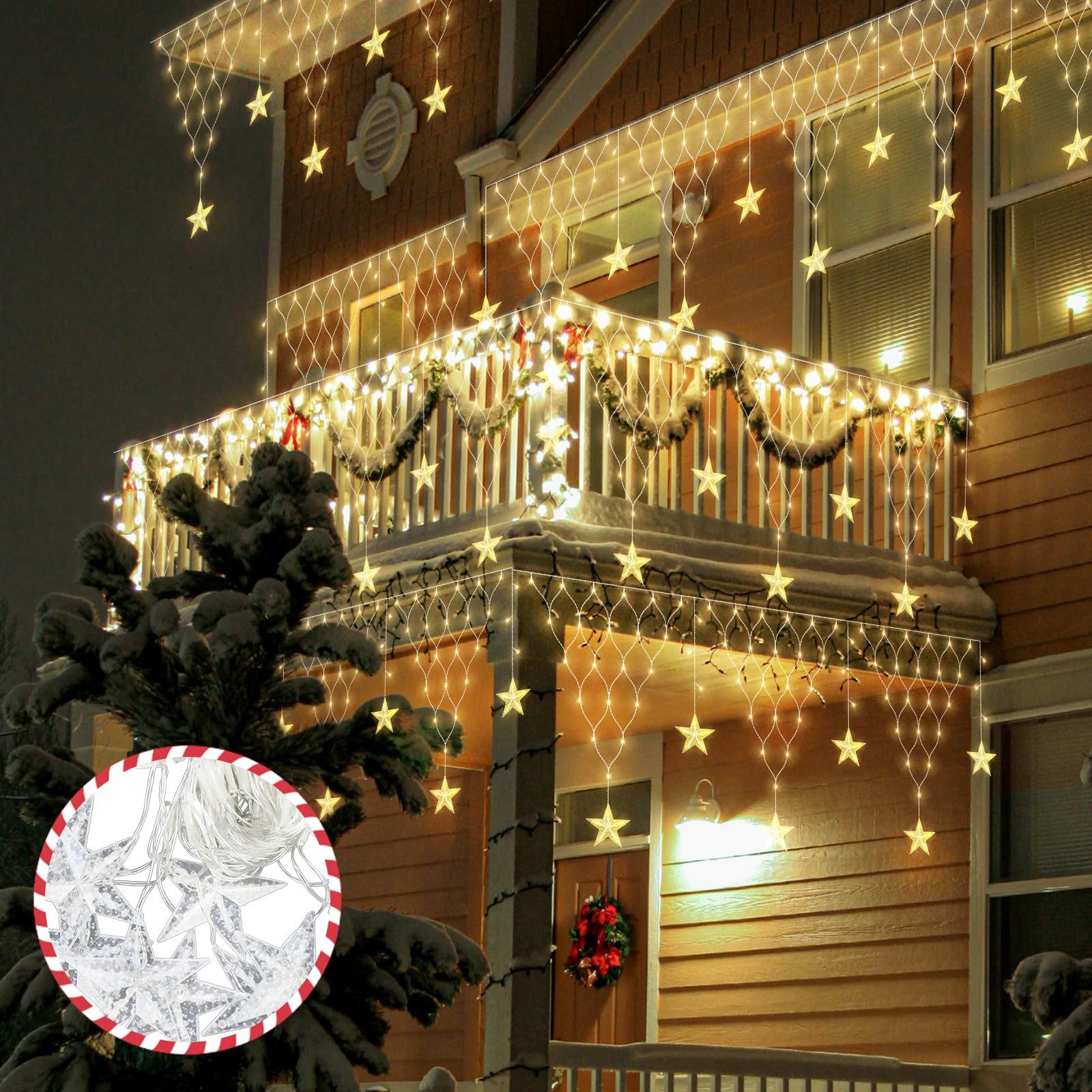 Rosnek LED-Lichtervorhang LED Lichterkette Sterne Weihnachten,LED Lichtervorhang Beleuchtung, Gartenbeleuchtung,für Party Garten Balkon Hochzeit Weihnachten – Bild 3 von 5