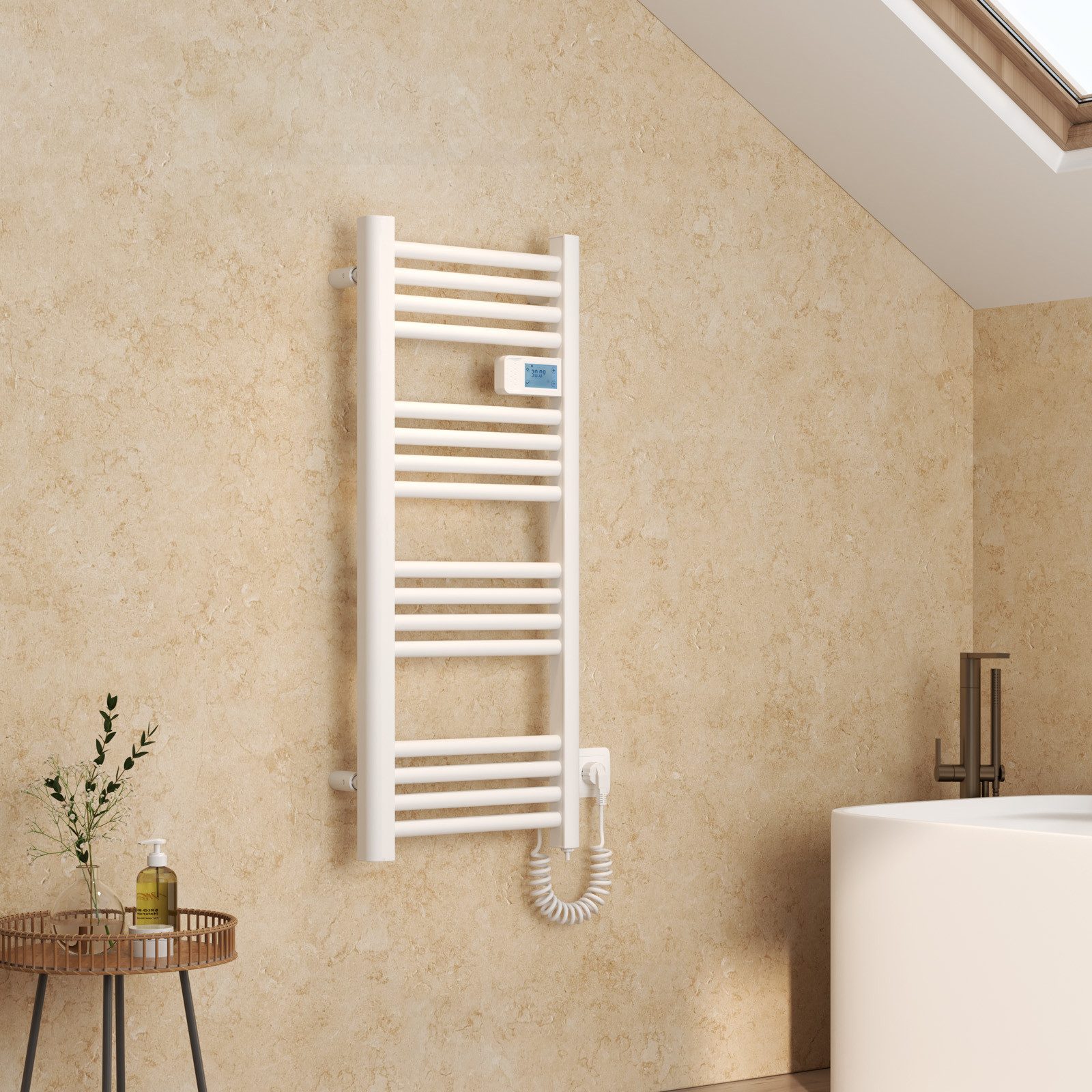 EMKE Elektrischer Badheizkörper 96x40 cm, Handtuchwärmer mit smart Thermostat Weiß Schwarz 300 Watt, LED Display Temperatur-und Zeitanzeige Handtuchtrockner