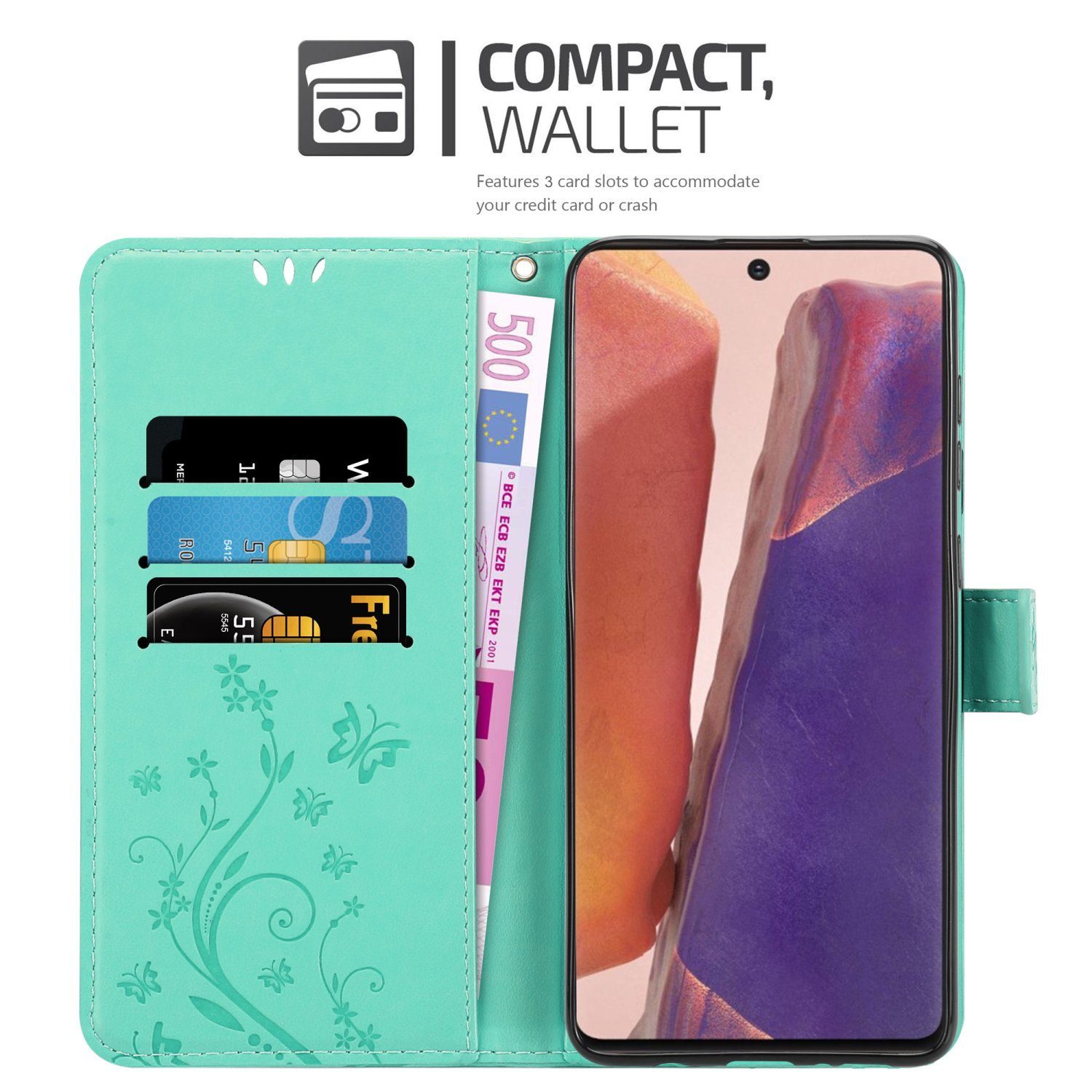 Cadorabo Handyhülle für Samsung Galaxy NOTE 20 Hülle Samsung Galaxy NOTE 20, Hülle Schutzhülle Blumen Flower mit Standfunktion Kartenfach Magnet