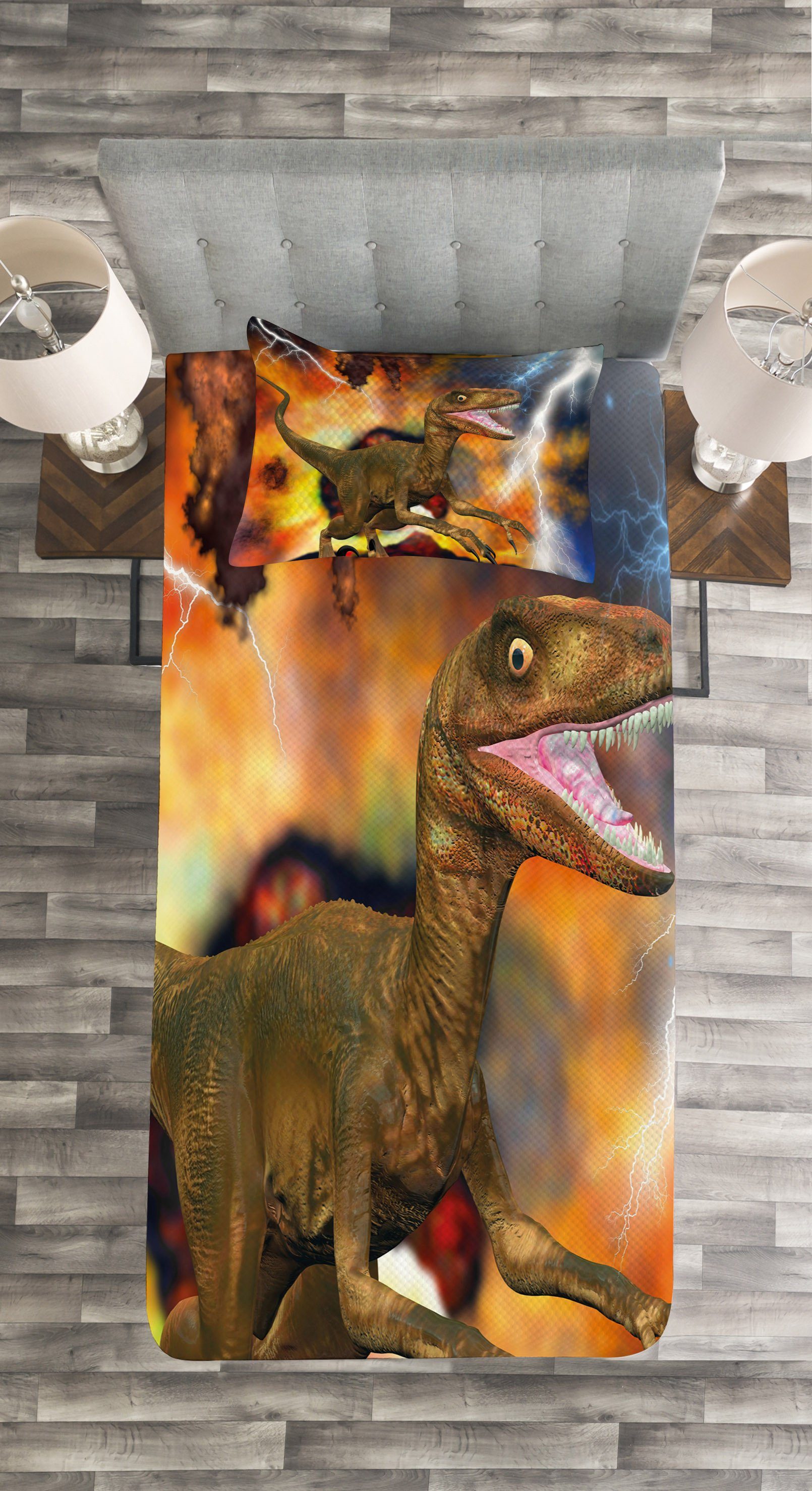 Tagesdecke Set mit Kissenbezügen Animal Themed Dinosaurier Abakuhaus, Entwurf Waschbar