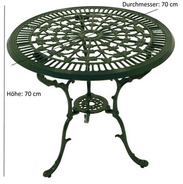 DEGAMO Garten-Essgruppe Jugendstil, (3-tlg), (2x Sessel, 1x Tisch 70cm rund), Aluguss rostfrei, Farbe dunkelgrün