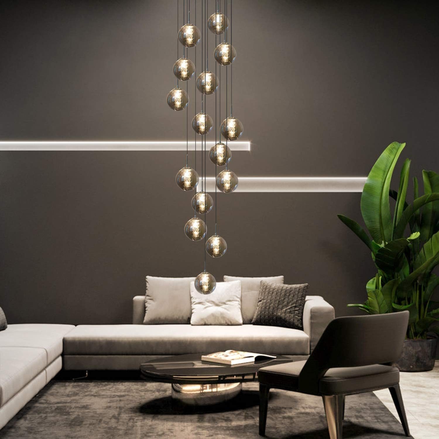 ZMH Pendelleuchte LED Höhenverstellbar Kronleuchter Glas Wohnzimmerlampe, LED wechselbar, Warmweiß, 15 Flammig