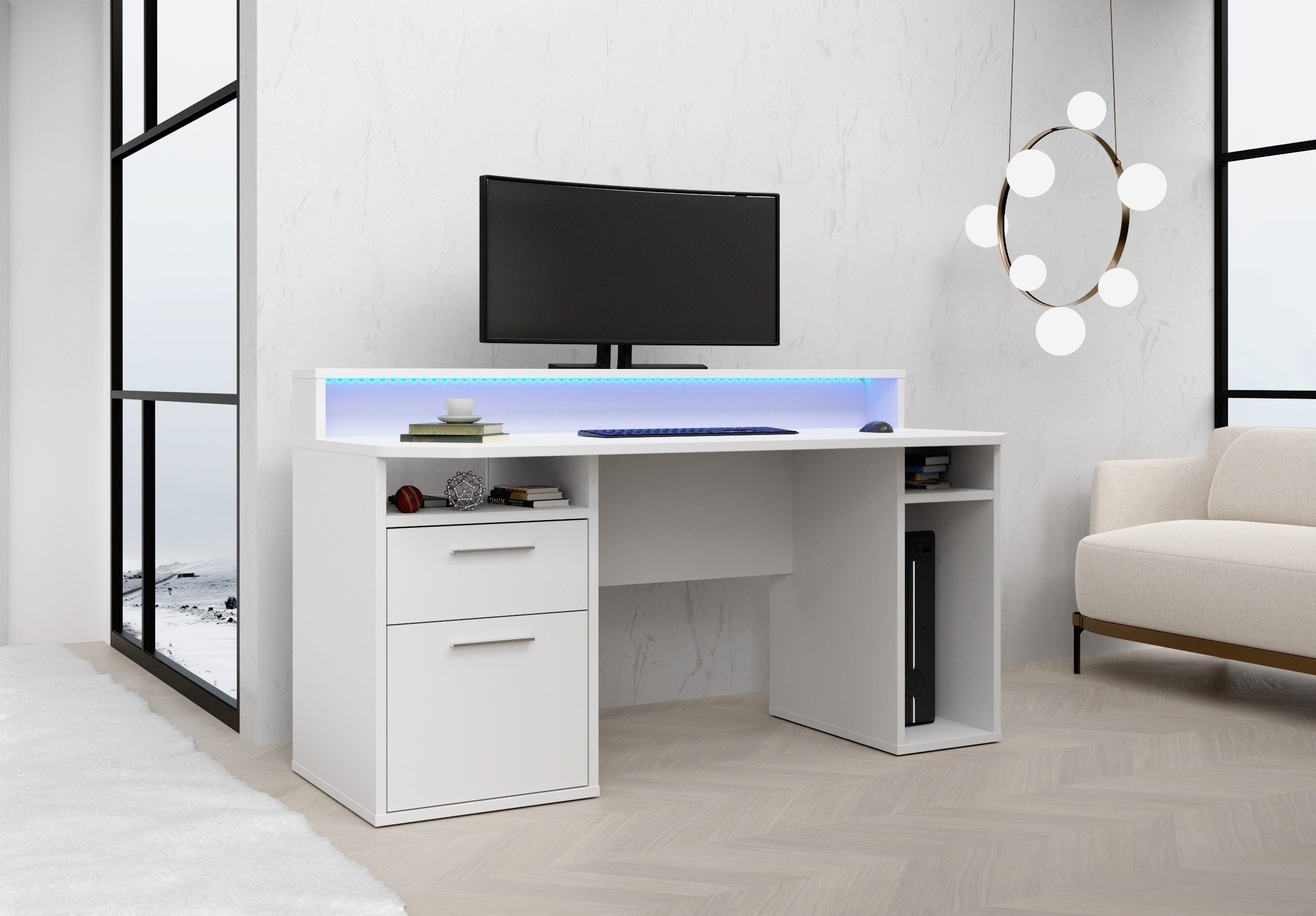 freiraum Schreibtisch TEZAUR, LED-Beleuchtung, Ablage, Fächer, in Weiss - 160x91x72cm (BxHxT)