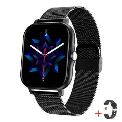 TPFNet SW03 mit Milanaise Armband + Silikon Armband Smartwatch (Android), individuelles Display - Armbanduhr mit Musiksteuerung, Herzfrequenz, Schrittzähler, Kalorien, Social Media etc., Schwarz