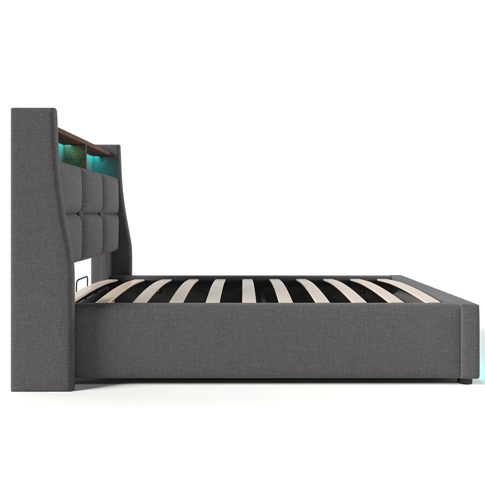 Polsterbett (Funktionsbett, 90x200 cm Hydraulisches Bett mit Lattenrost), Stauraumbett mit LED-Beleuchtung und USB-Anschluss, Baumwolle-Leinen