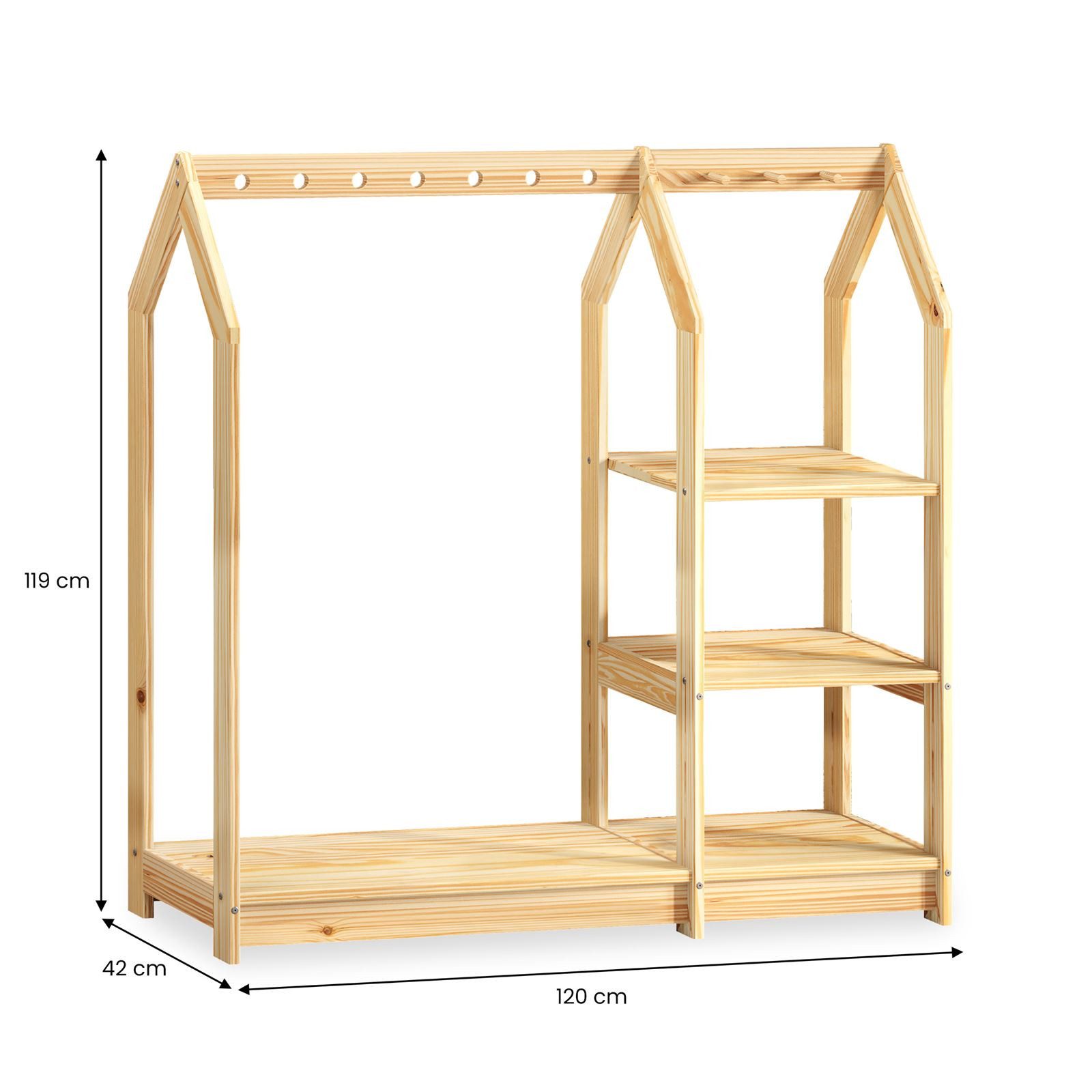 IDIMEX Kinderkleiderschrank SALLY Kindergarderobe im Haus Design, 4 Ablagen & Kleiderstange natur