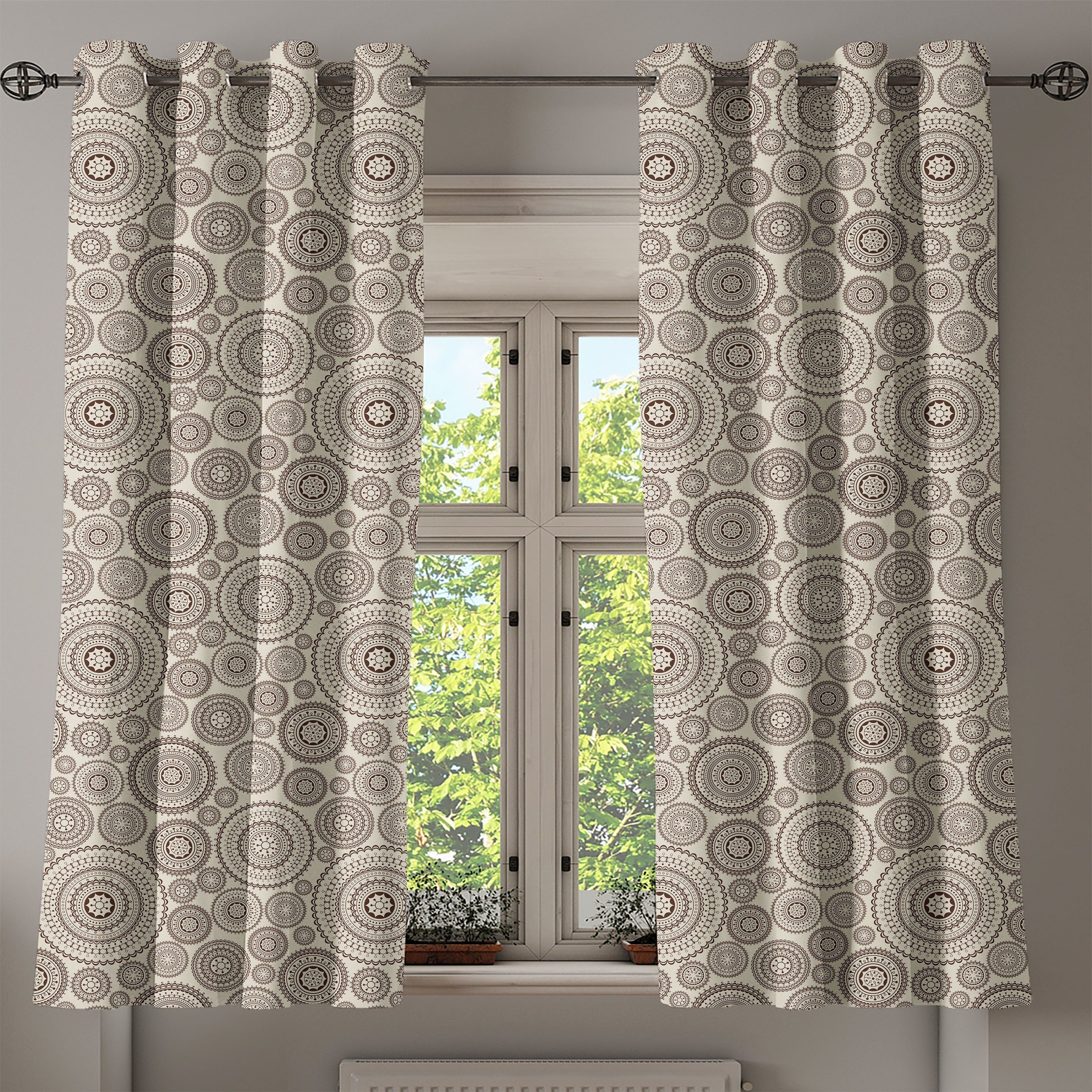 Gardine Dekorative 2-Panel-Fenstervorhänge für Spitze Beige Abakuhaus, Wohnzimmer, Schlafzimmer Kreisförmige Zusammensetzung