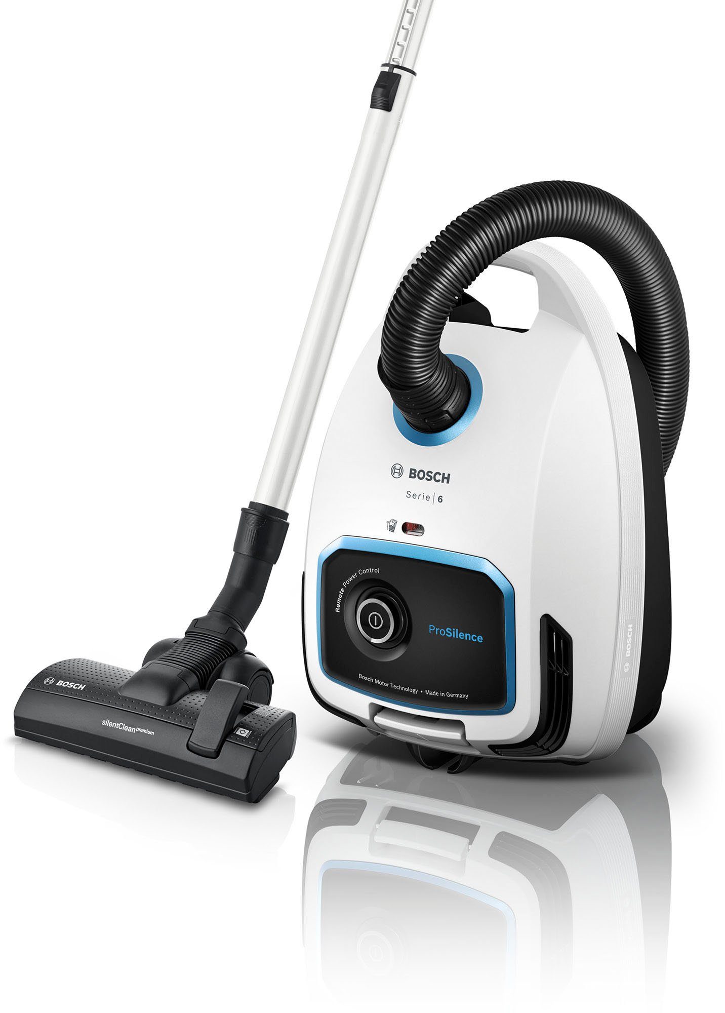 BOSCH Bodenstaubsauger Serie 6 ProSilence BGL6TSIL, Hygiene-Filter, 10 Jahre Motorgarantie, 700 W, mit Beutel, Leistungsregulierung am Handgriff, langes Kabel, extrem leise, weiß