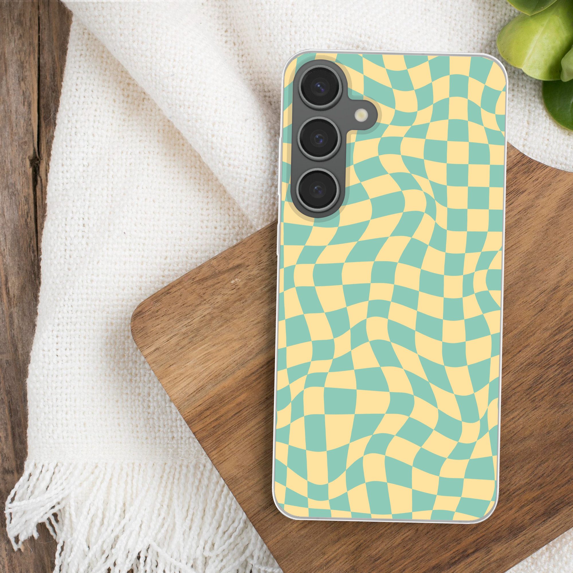 MuchoWow Handyhülle für Samsung Galaxy S24 Plus Quadratisches Muster - Gelb - Blau - Welle, Phone Case, Silikon, Schutzhülle Dünn