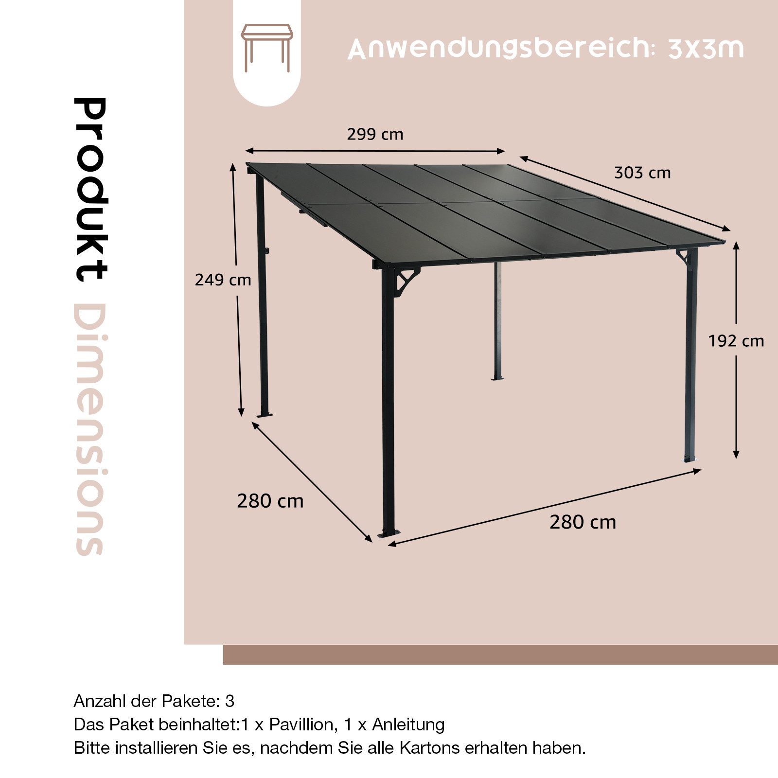 JOIVI Pergola 3x3m Terrassenüberdachung, Carport mit Sonnendach, Pavallon, günstig online kaufen