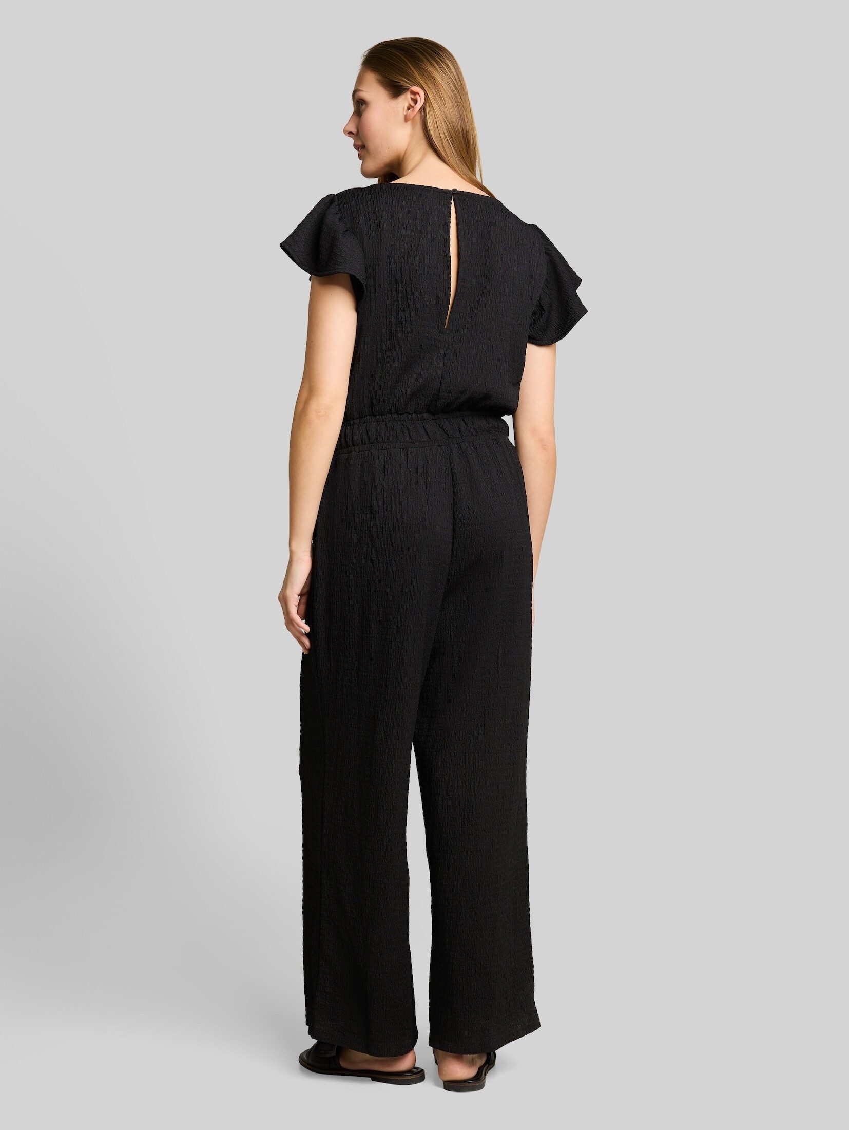TOM TAILOR Denim Jumpsuit Overalls Crinkle Jumpsuit mit Rüschenärmeln