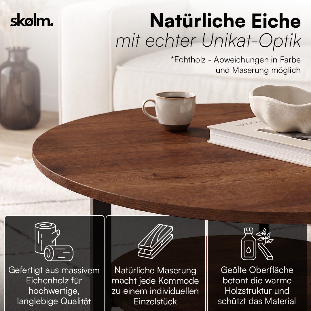 skølm Couchtisch Drakkar aus Massivholz Eiche, Tisch mit Metallgestell (Walnussoptik), Wohnzimmertisch Ø70 cm mit 2 Ablageflächen – Bild 3 von 5
