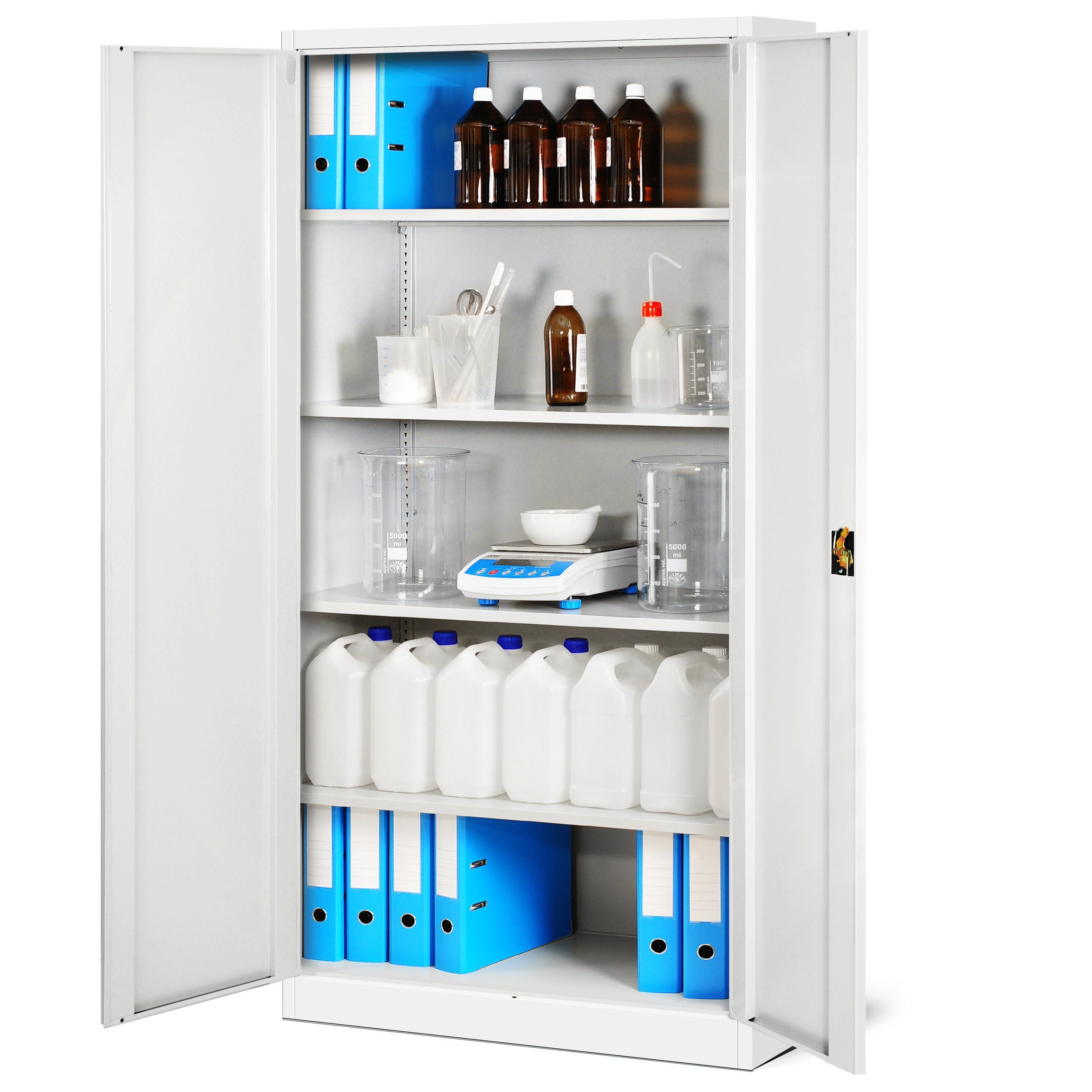 Jan Nowak Aktenschrank Metall Büroschrank abschließbar 90 cm JAN H 4 Böden Stahl (Kaltwalzstahl 0,6 mm Wandmontage möglich PZH-zertifiziert) Ordnerschrank 50 Ordner Schloss 2 Schlüssel robust 14 Farben
